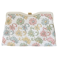 Vintage 1950's Cream Leather Floral Embroidered Clutch Bag