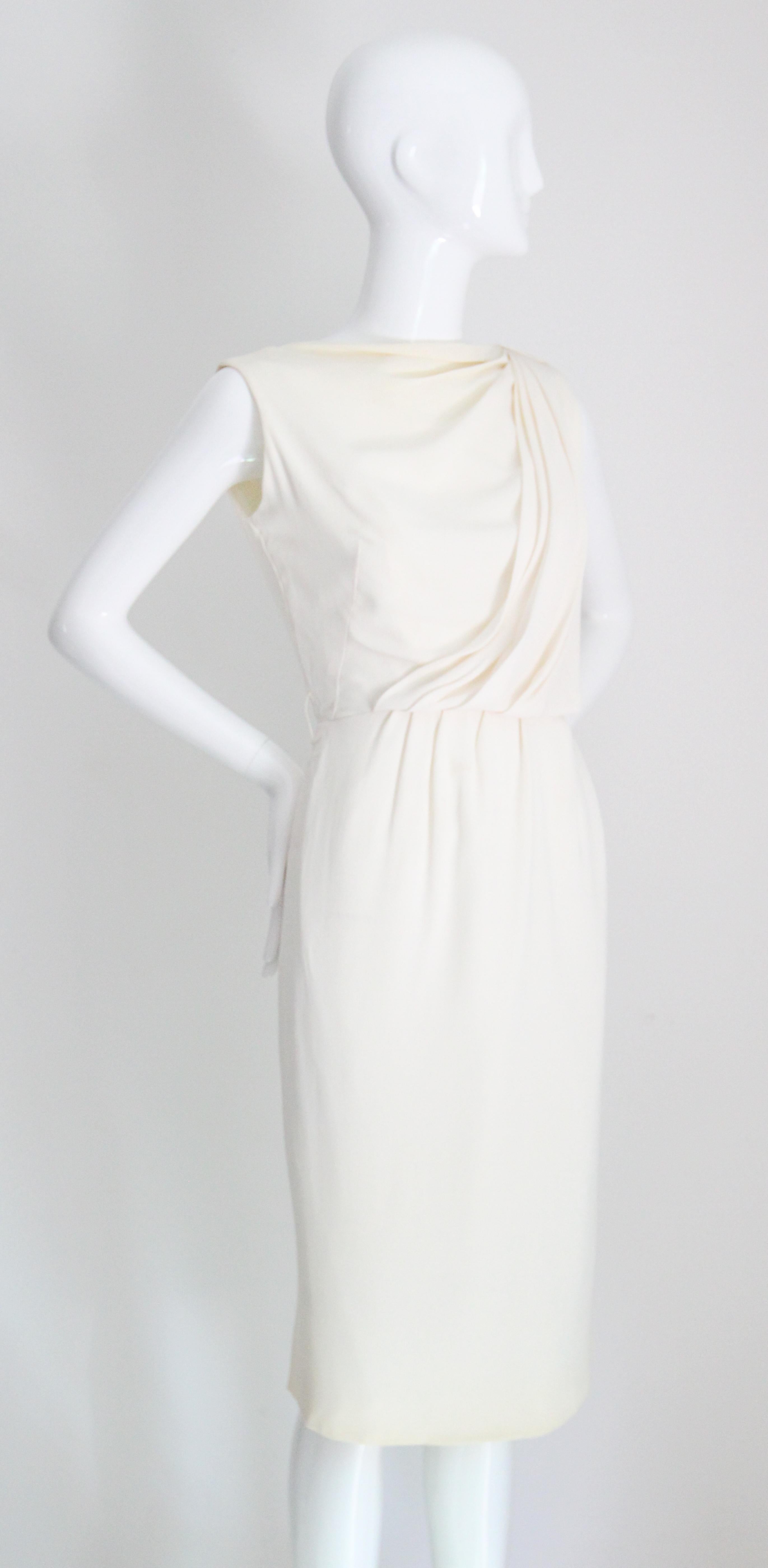 Gris Vintage 1950's Cream Pleated and Draped Dress Fifties Wiggle Dress UK 8 US 4 en vente