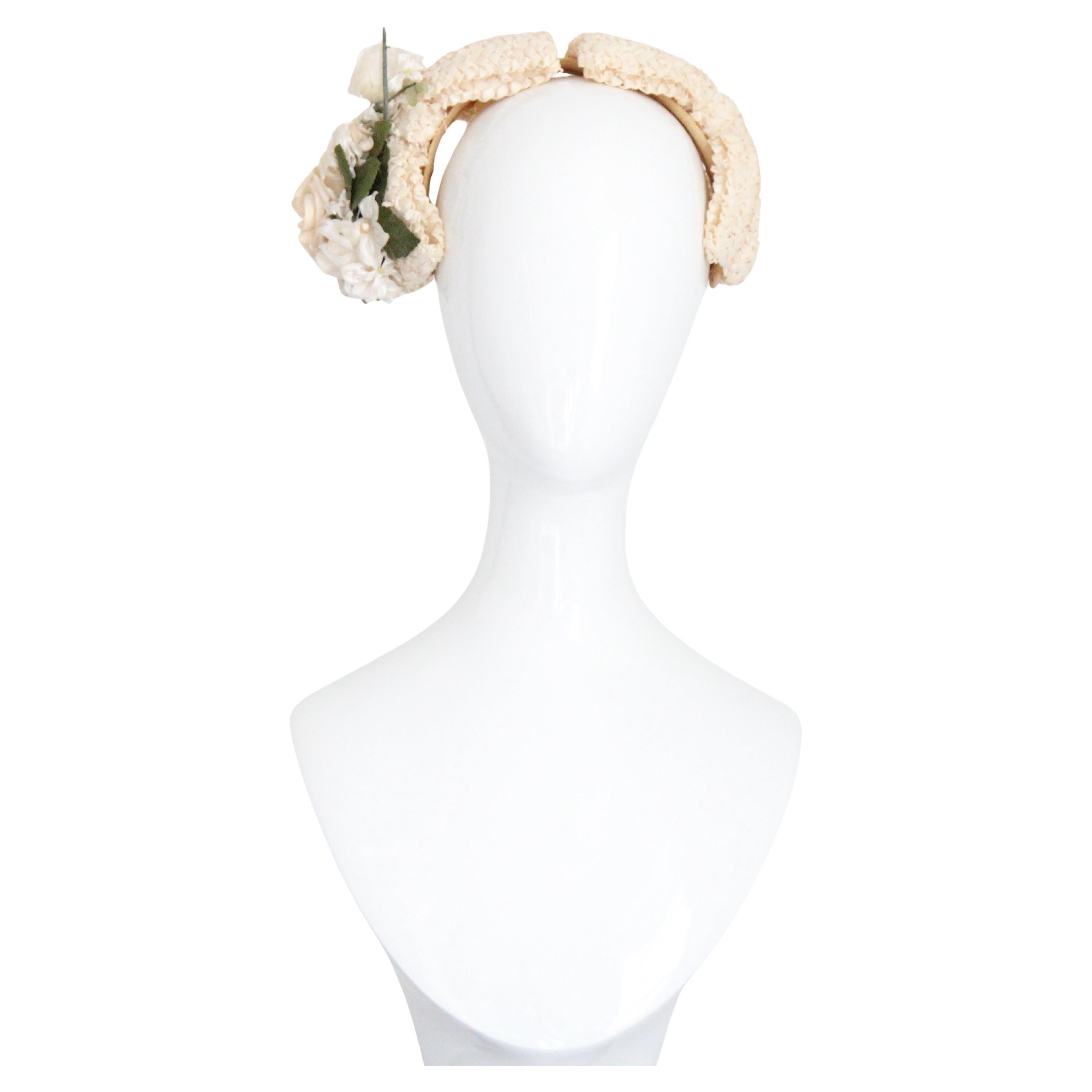 Vintage 1950's Cream Raffia bow Bandeau Hat 1950's Floral hairband hat millinery