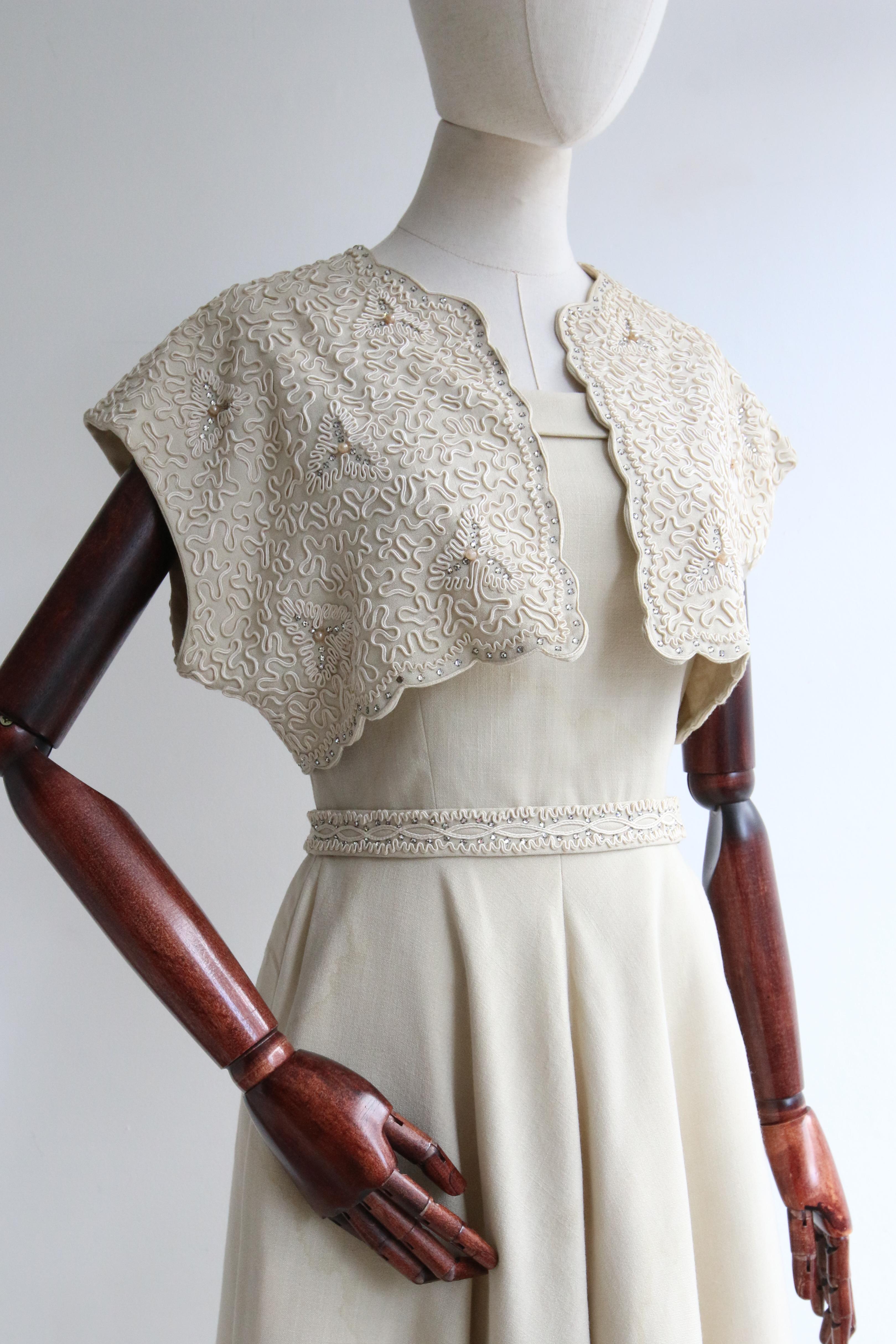  Vintage 1950's Cream Soutache & Rhinestone Strapless Dress & Bolero UK 10 US 6 For Sale 7