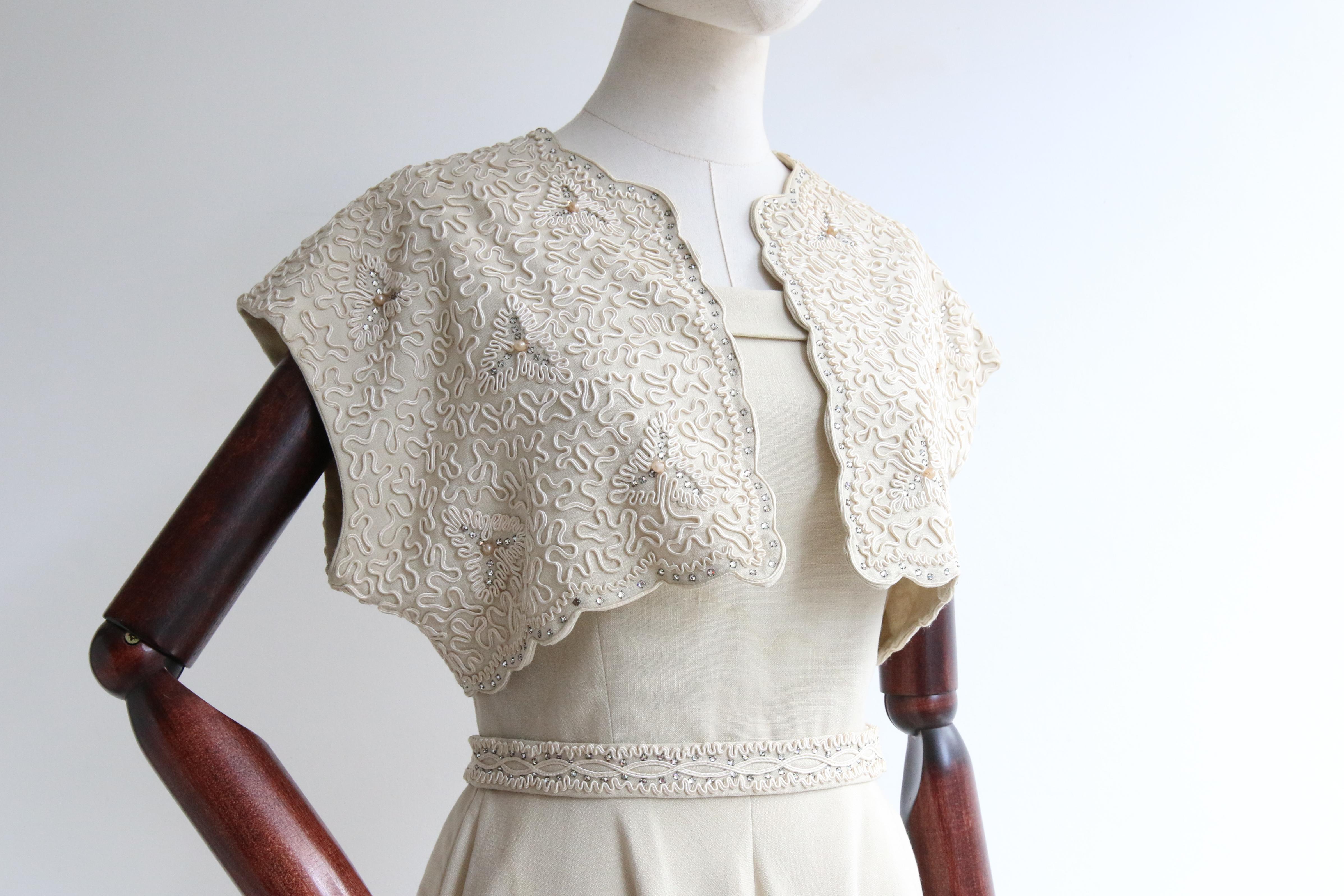  Vintage 1950's Cream Soutache & Rhinestone Strapless Dress & Bolero UK 10 US 6 For Sale 8