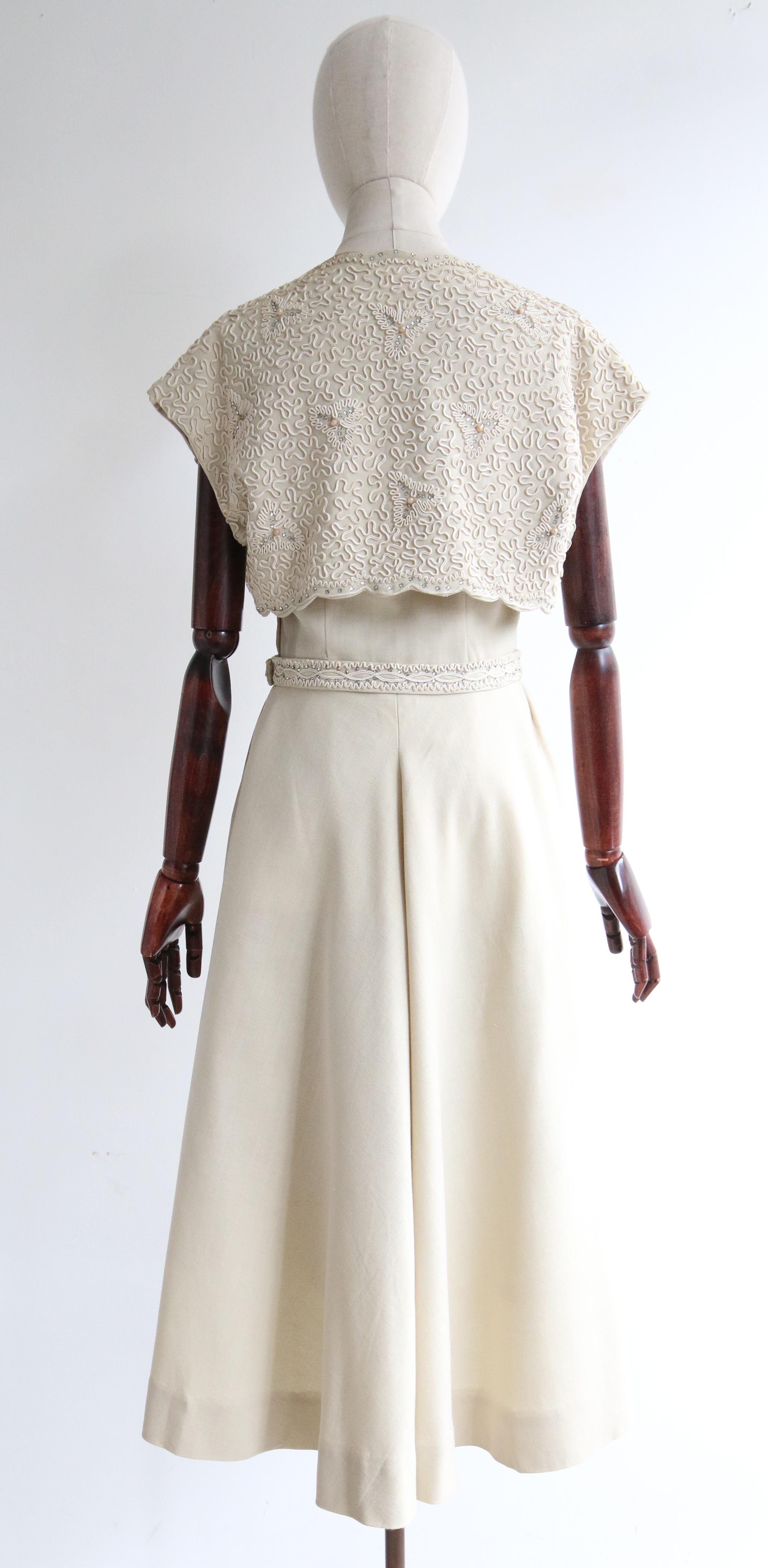  Vintage 1950's Cream Soutache & Rhinestone Strapless Dress & Bolero UK 10 US 6 For Sale 9