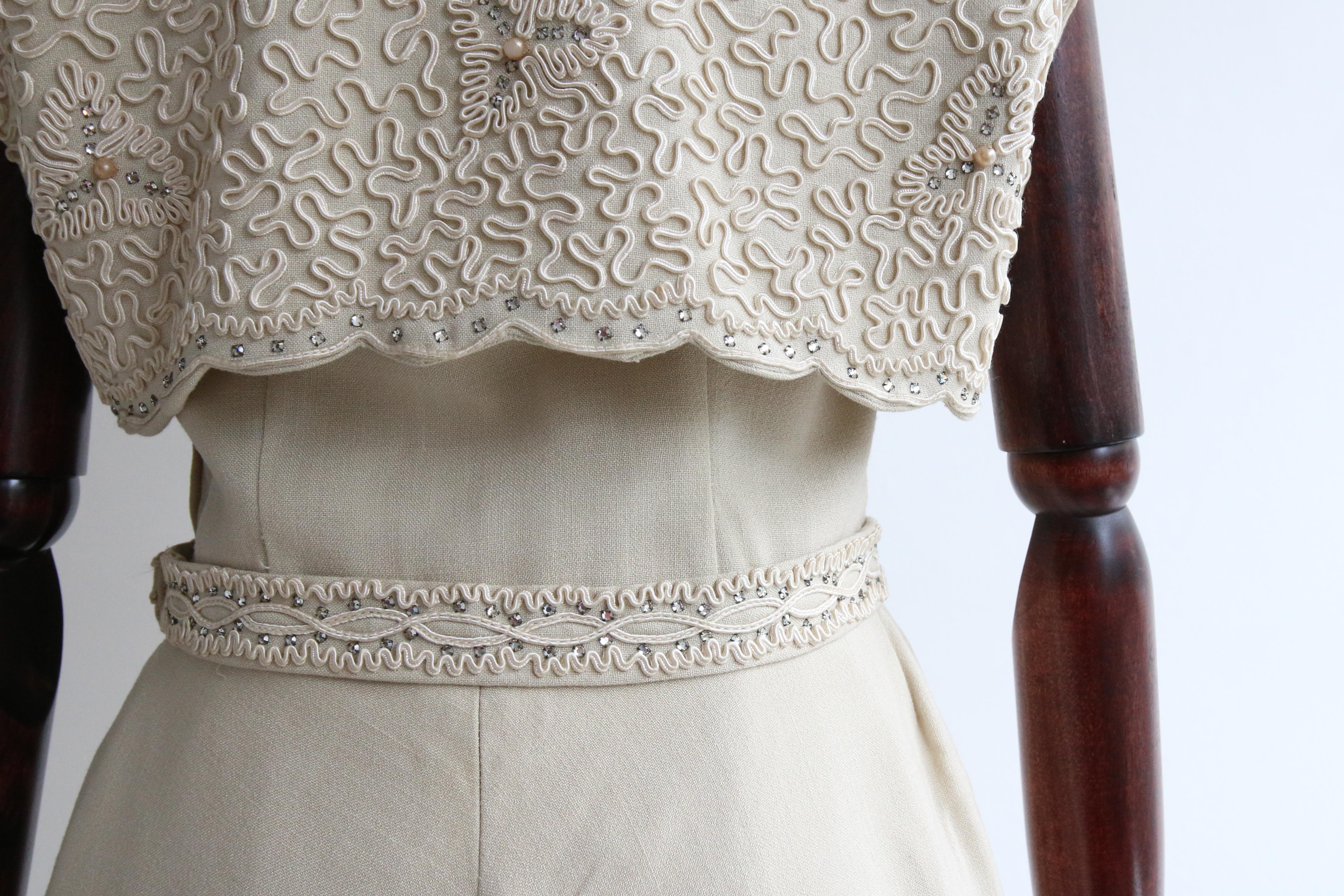 Vestido y Bolero Vintage 1950's Crema Soutache & Rhinestone Strapless UK 10 US 6 en venta 9