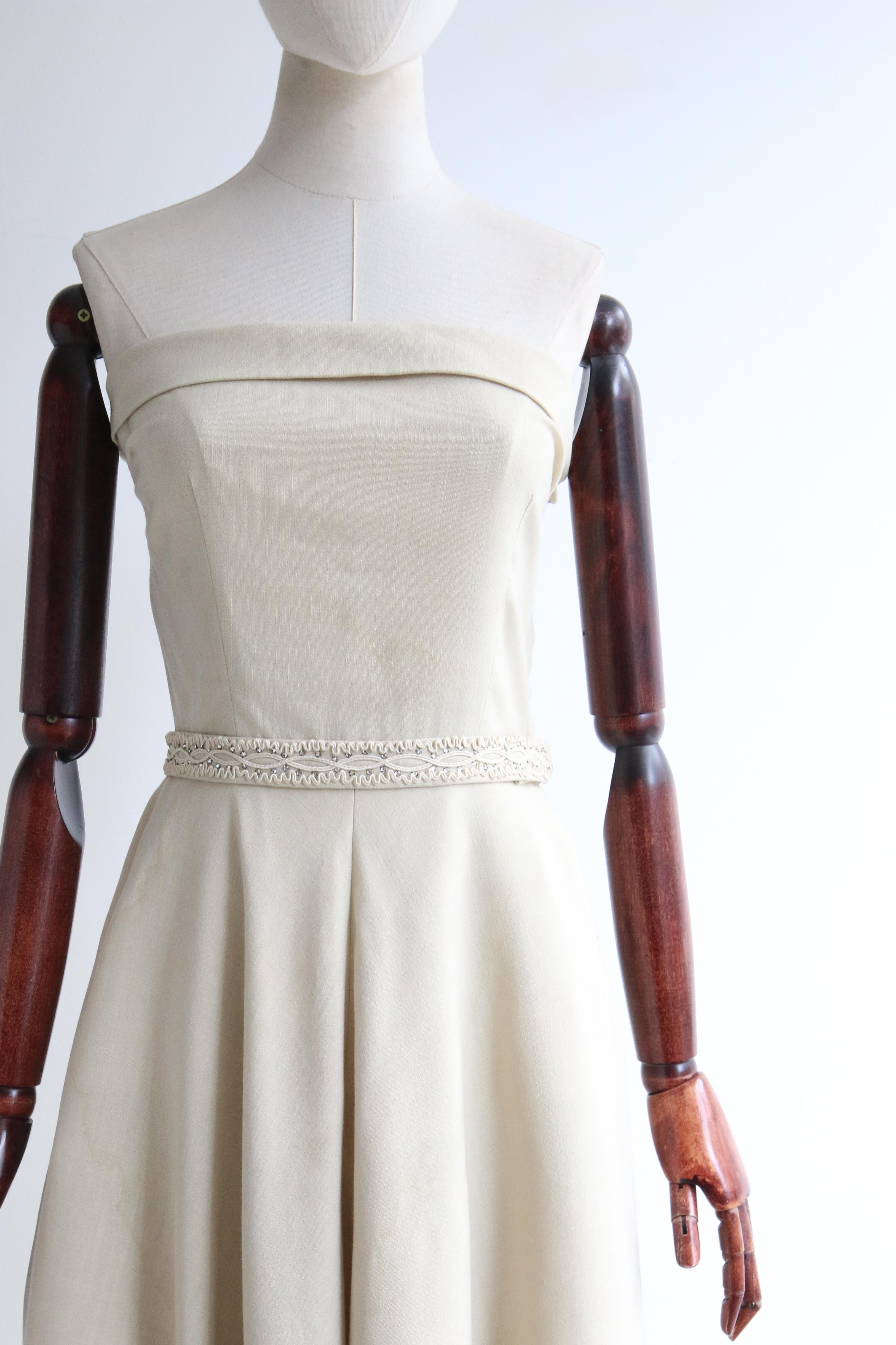 Women's  Vintage 1950's Cream Soutache & Rhinestone Strapless Dress & Bolero UK 10 US 6 For Sale