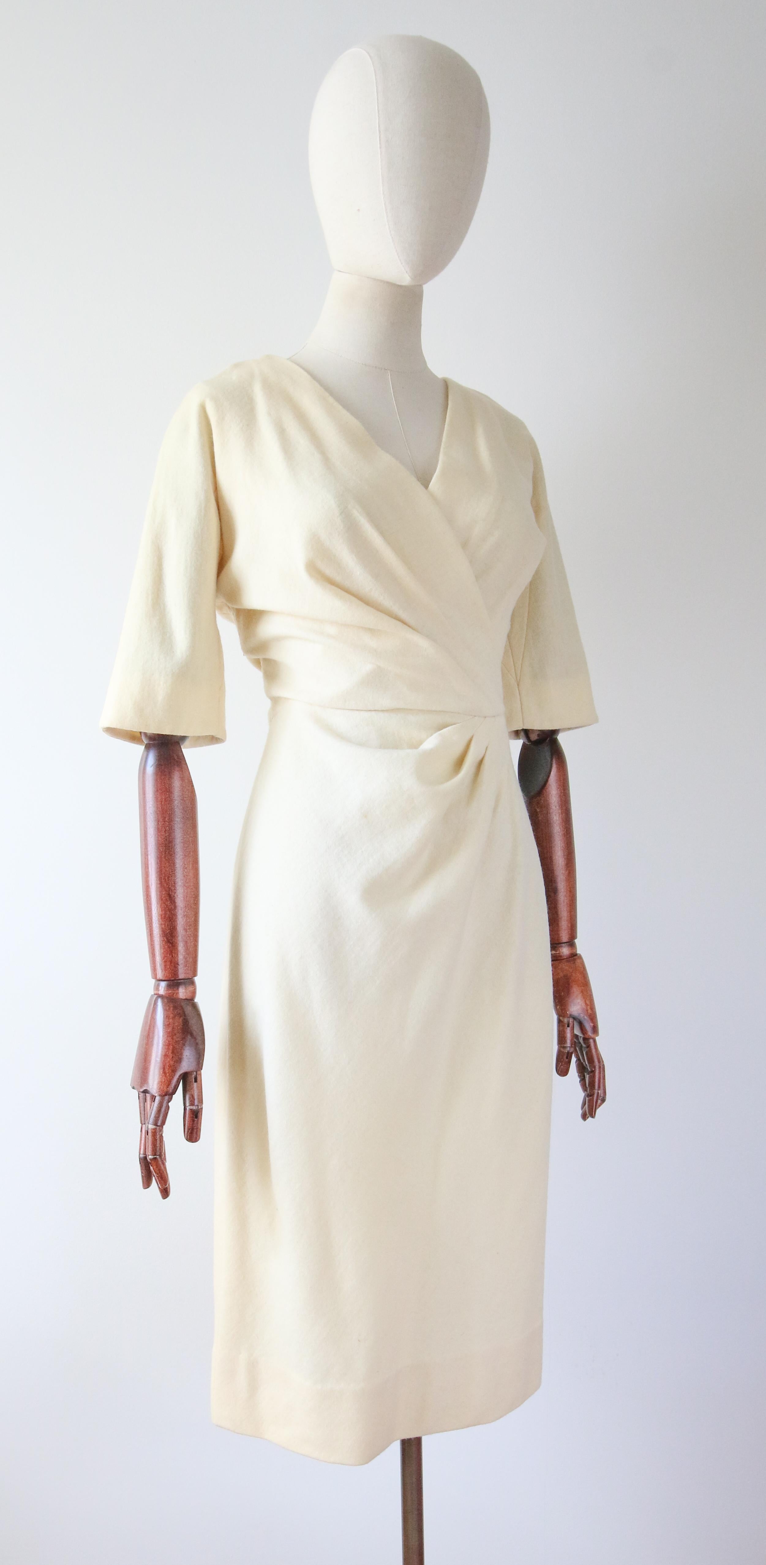 Beige Vintage 1950's cream wool wiggle dress original 1950s fitted dress UK 8 US 4