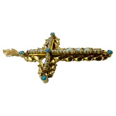 Vintage 1950s Cross Yellow Gold 18 Karat Turquoise and Pearl Aljofar