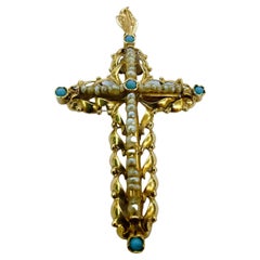 Vintage 1950s Cross Yellow Gold 18 Karat Turquoise and Pearl Aljofar