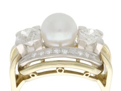 Vintage 1950s Cultured Pearl and 1.23 Carat Diamond Yellow Gold Cocktail Ring