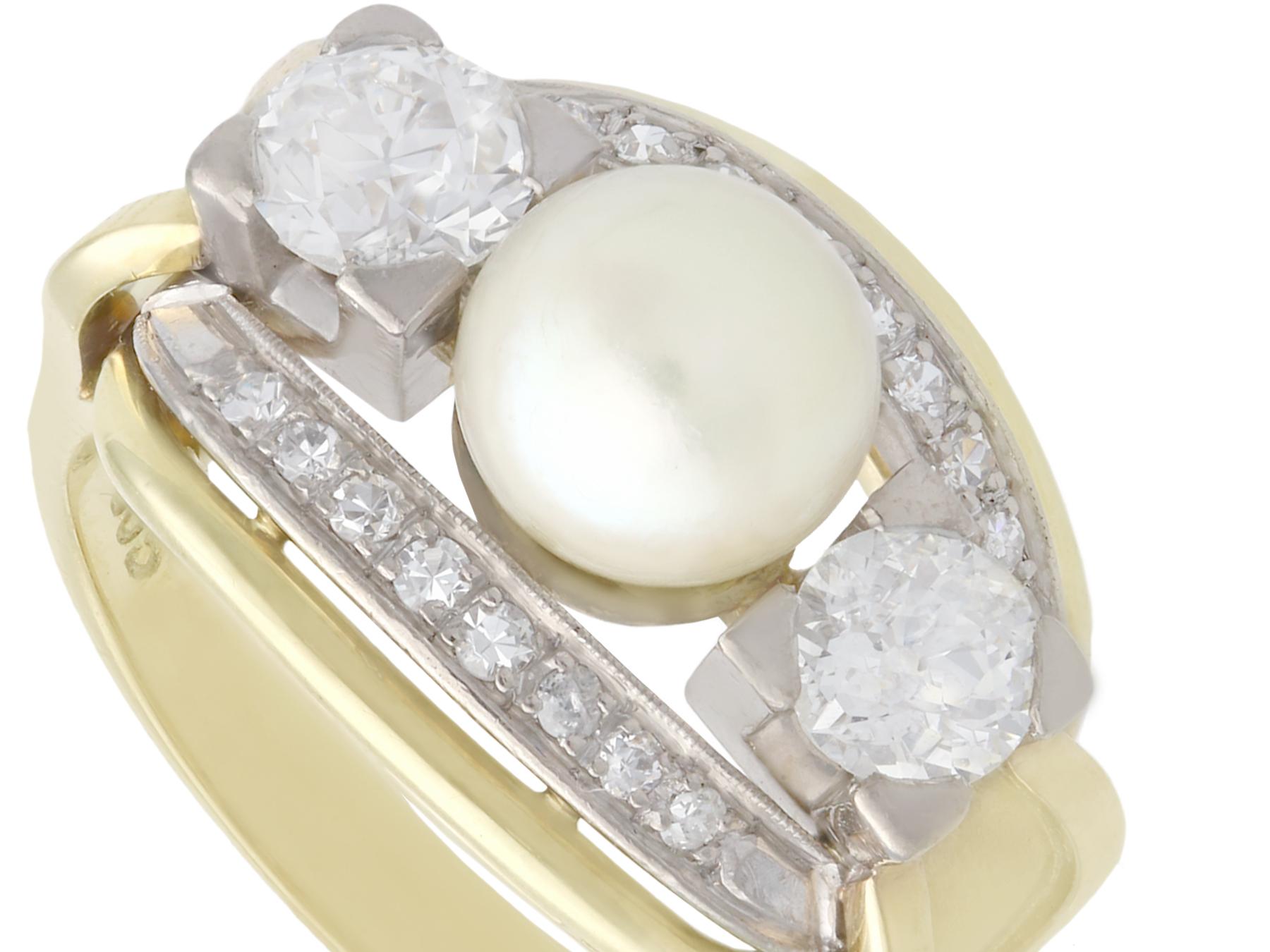 Retro Vintage 1950s Cultured Pearl and 1.23 Carat Diamond Yellow Gold Cocktail Ring For Sale