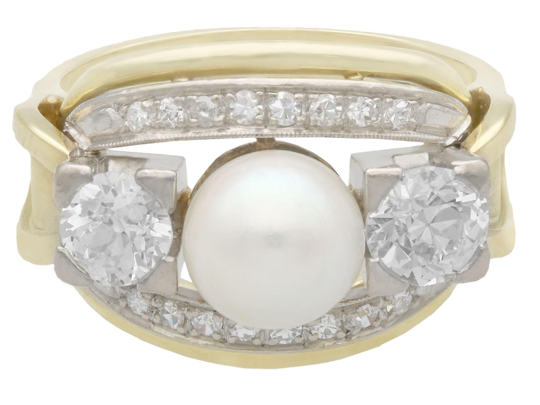 Round Cut Vintage 1950s Cultured Pearl and 1.23 Carat Diamond Yellow Gold Cocktail Ring For Sale