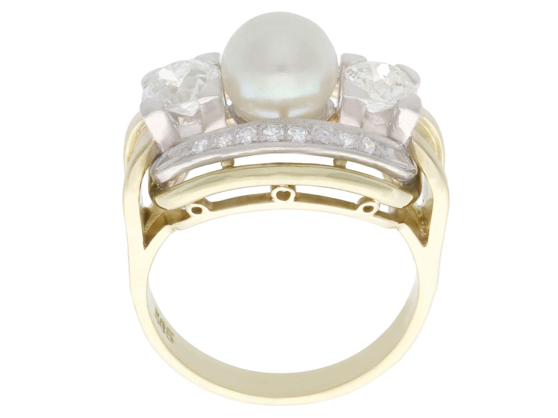 Vintage 1950s Cultured Pearl and 1.23 Carat Diamond Yellow Gold Cocktail Ring In Excellent Condition For Sale In Jesmond, Newcastle Upon Tyne