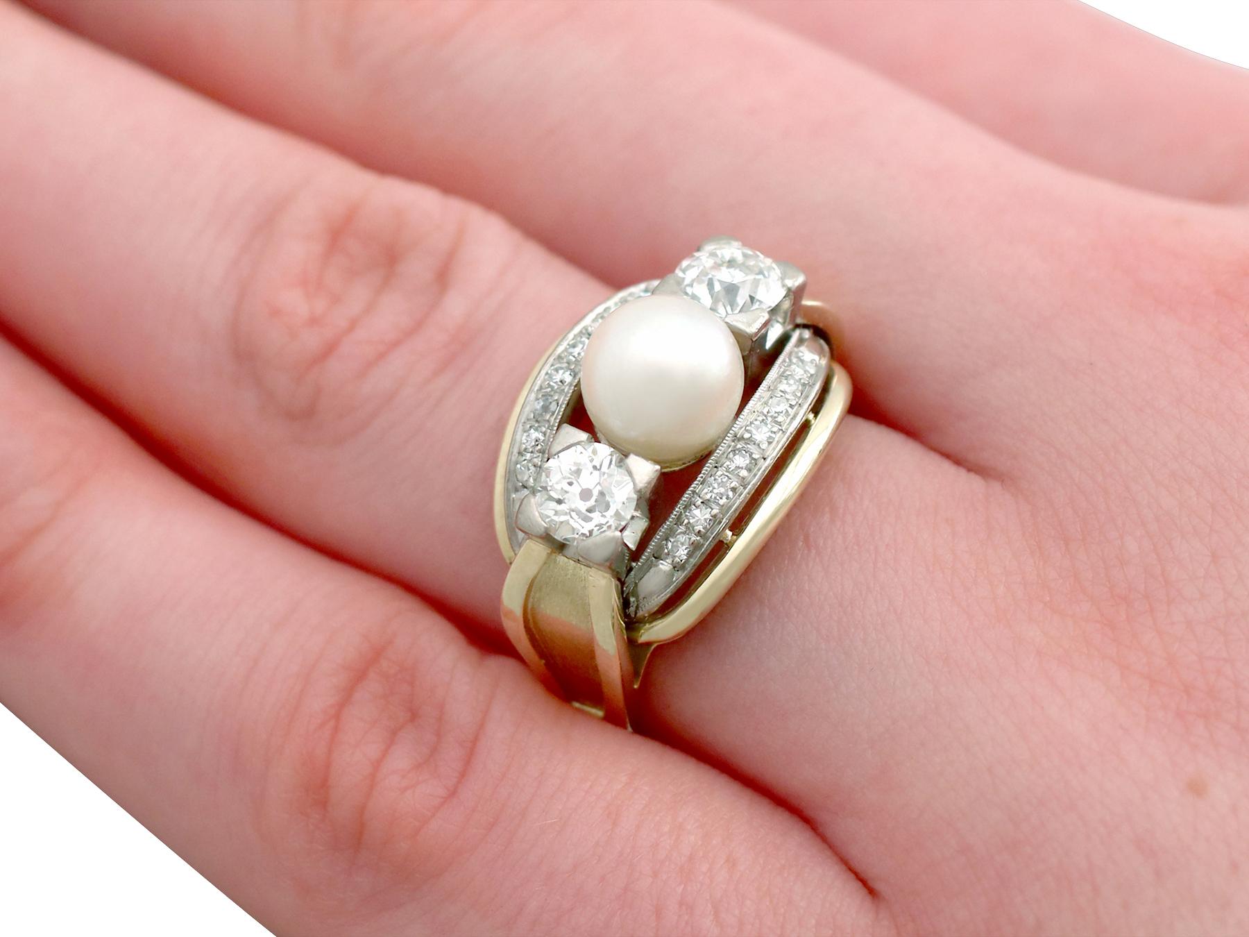 Vintage 1950s Cultured Pearl and 1.23 Carat Diamond Yellow Gold Cocktail Ring For Sale 1