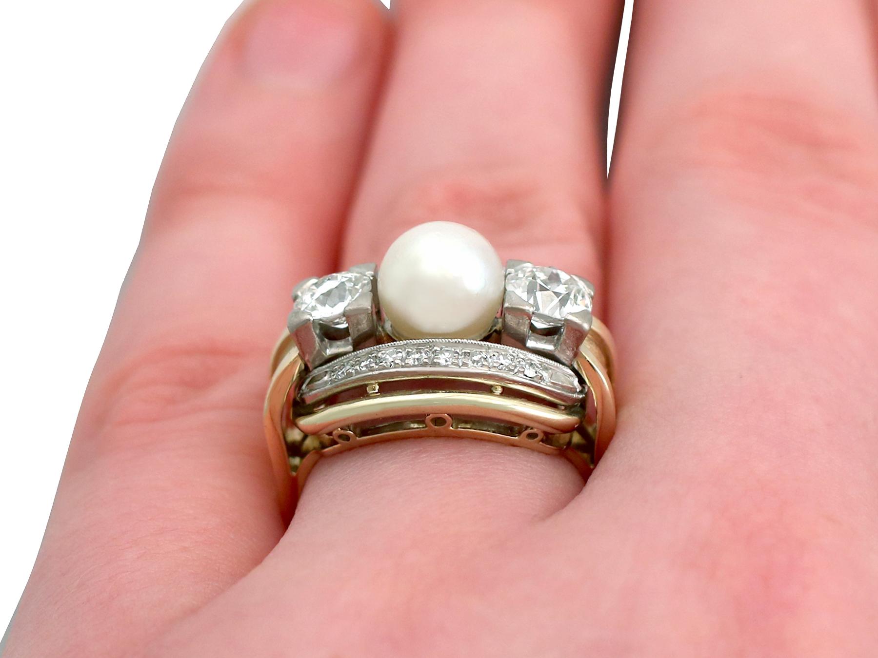 Vintage 1950s Cultured Pearl and 1.23 Carat Diamond Yellow Gold Cocktail Ring For Sale 2