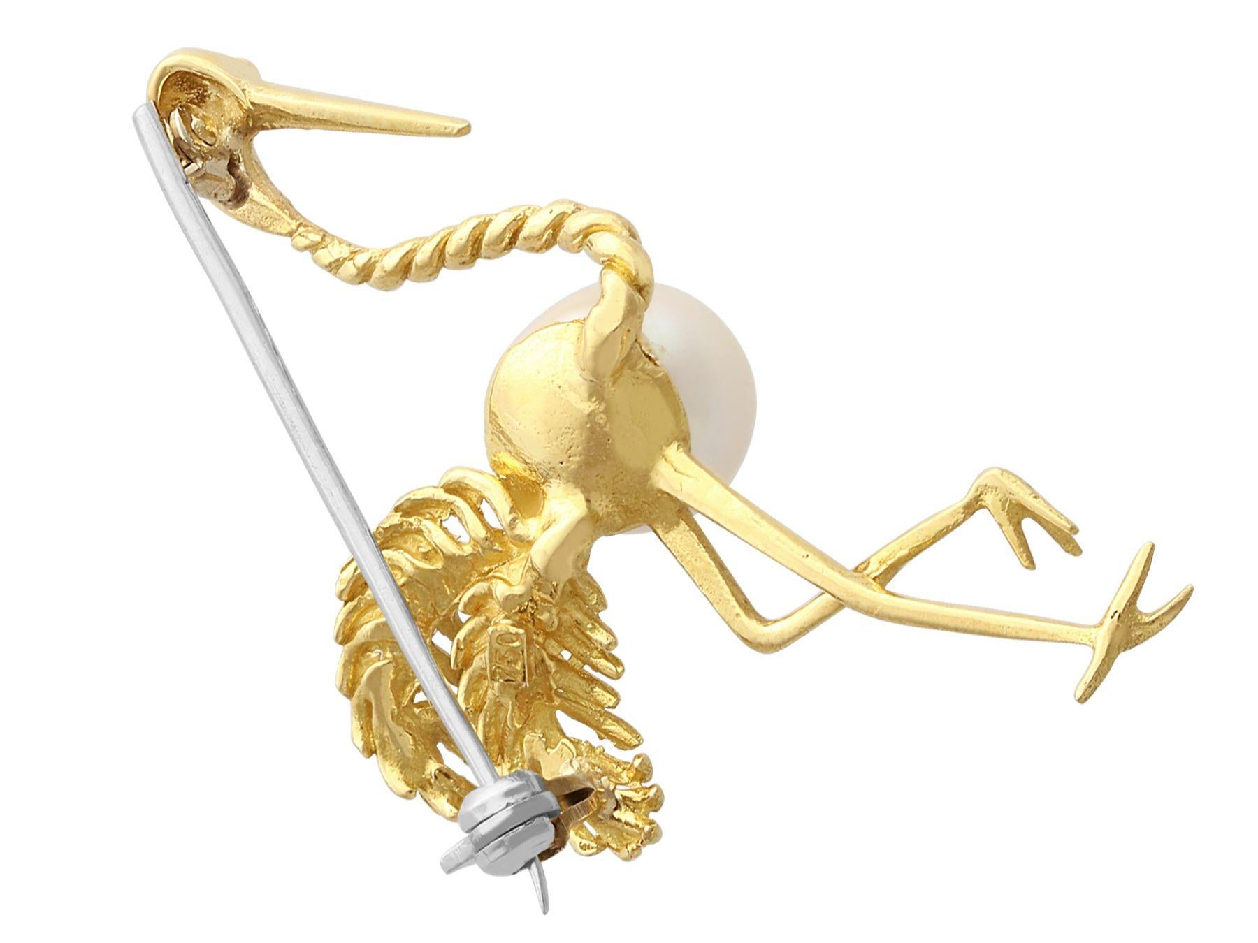 Vintage 1950s Cultured Pearl Yellow Gold Flamingo Brooch For Sale 1