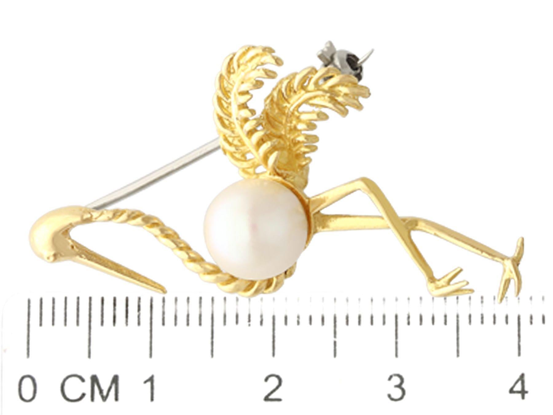 Vintage 1950s Cultured Pearl Yellow Gold Flamingo Brooch For Sale 3