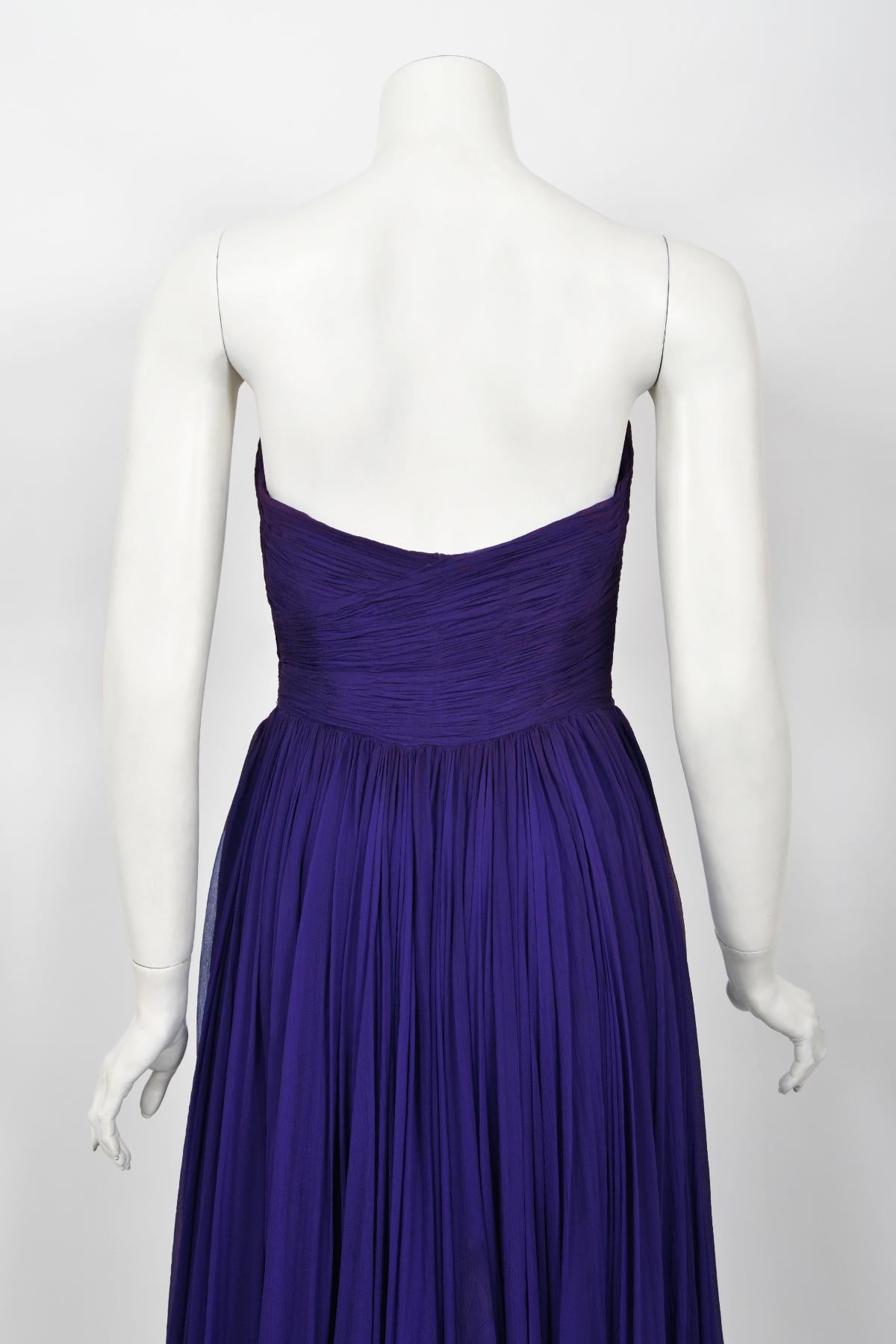 Vintage 1950s Curiel Couture Pleated Purple Silk Chiffon Strapless Goddess Gown  For Sale 12