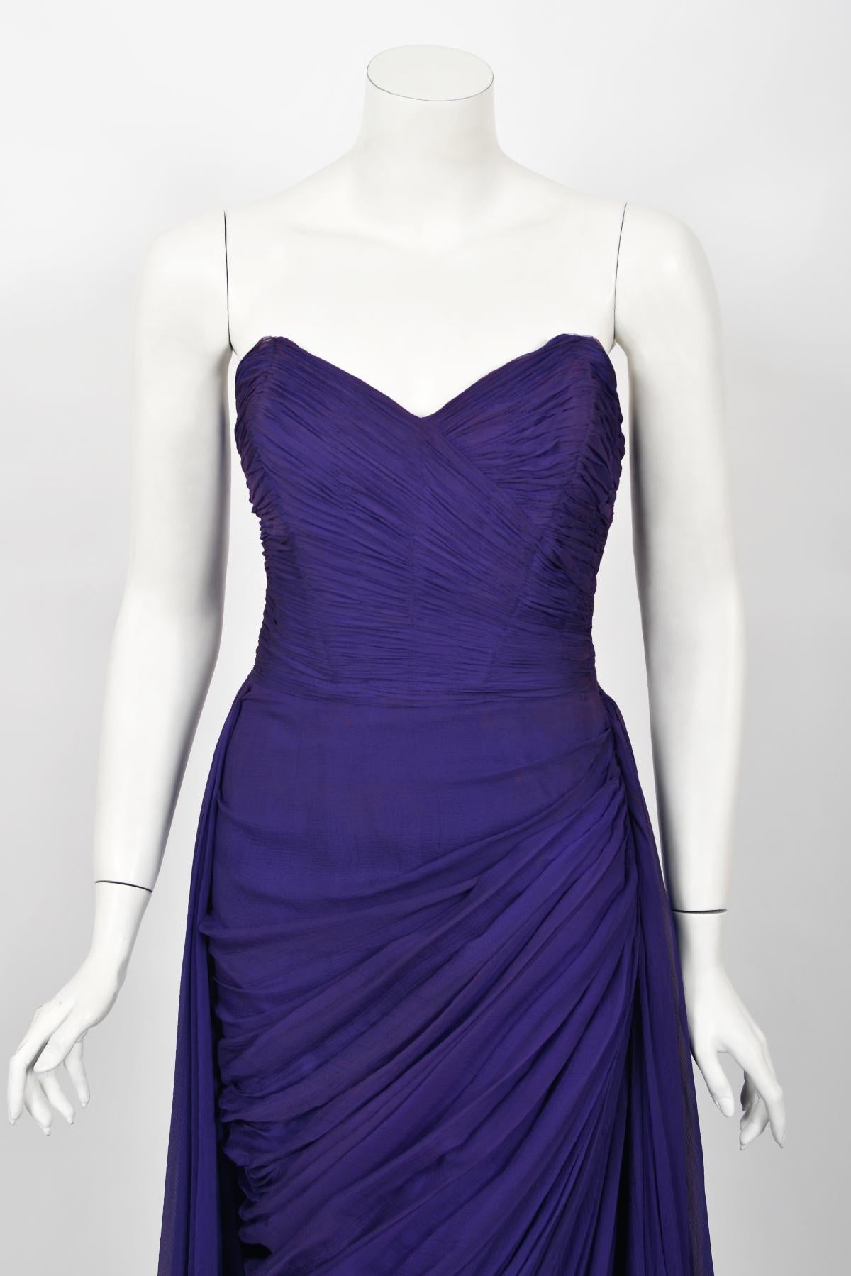Vintage 1950s Curiel Couture Pleated Purple Silk Chiffon Strapless Goddess Gown  For Sale 1