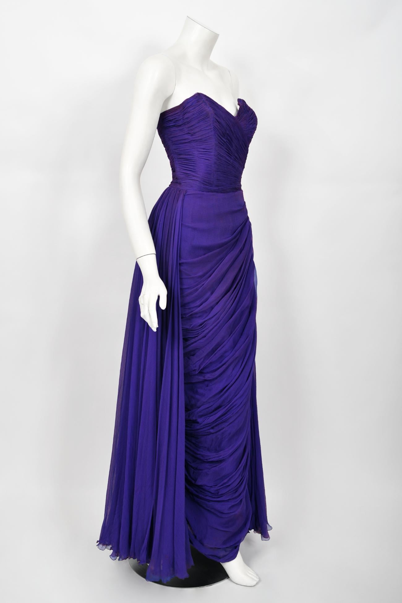 Vintage 1950s Curiel Couture Pleated Purple Silk Chiffon Strapless Goddess Gown  For Sale 2