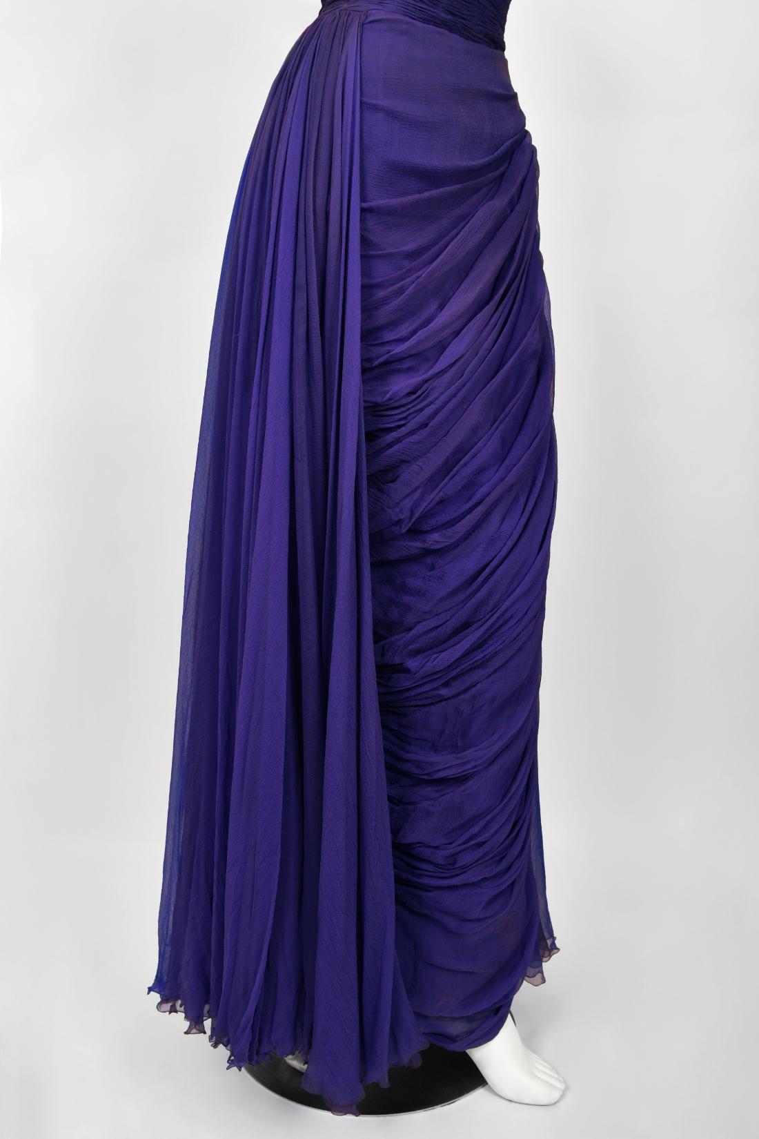 Vintage 1950s Curiel Couture Pleated Purple Silk Chiffon Strapless Goddess Gown  For Sale 4