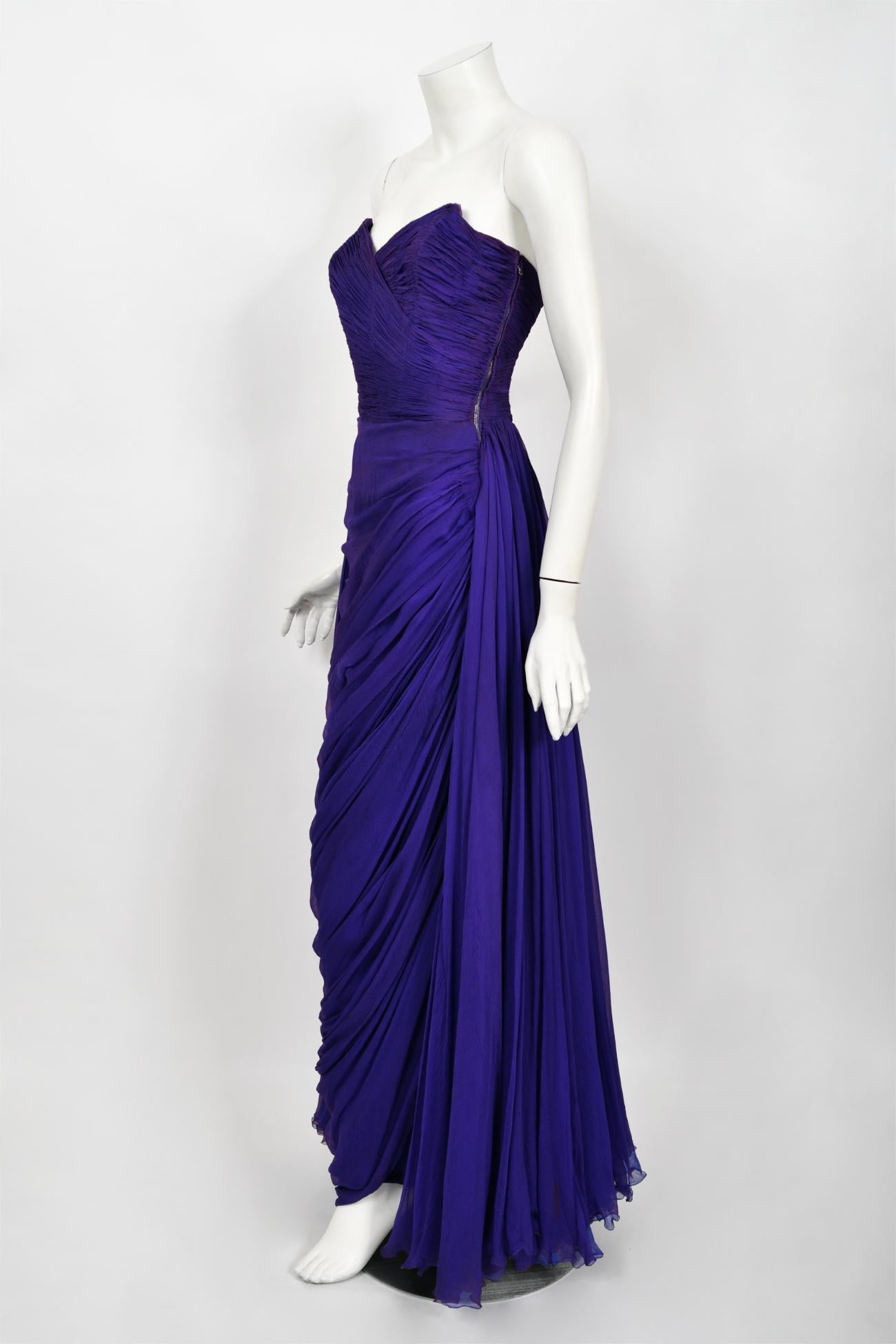 Vintage 1950s Curiel Couture Pleated Purple Silk Chiffon Strapless Goddess Gown  For Sale 7