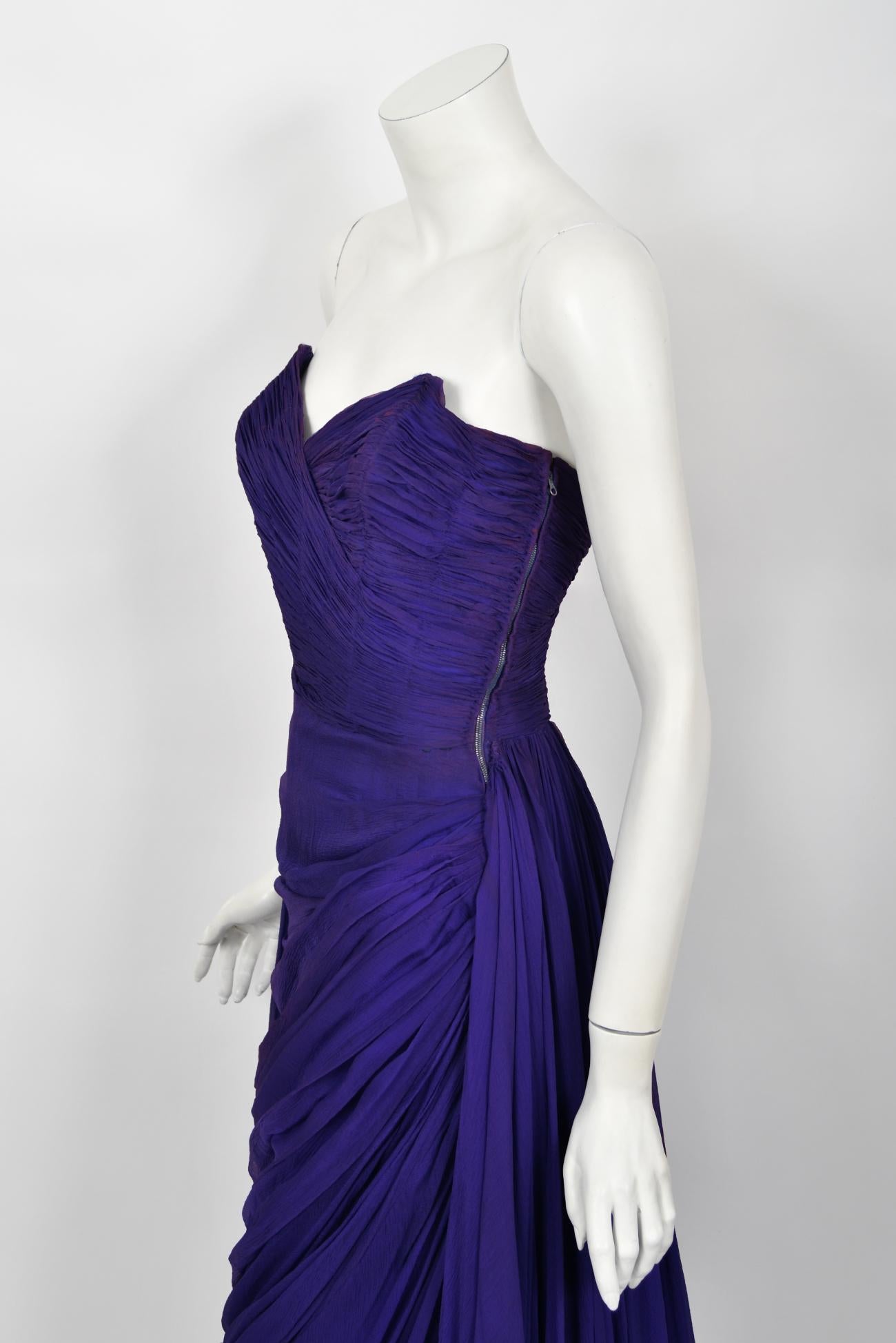 Vintage 1950s Curiel Couture Pleated Purple Silk Chiffon Strapless Goddess Gown  For Sale 8