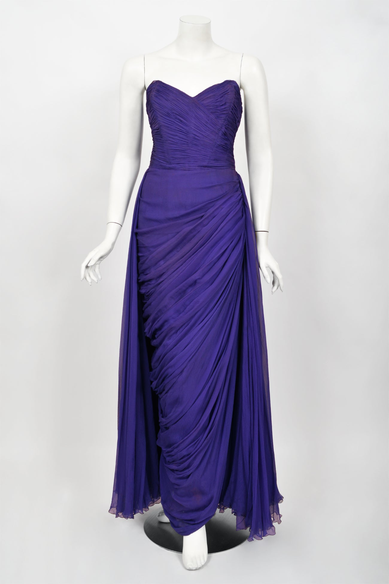 Vintage 1950s Curiel Couture Pleated Purple Silk Chiffon Strapless Goddess Gown  For Sale 9