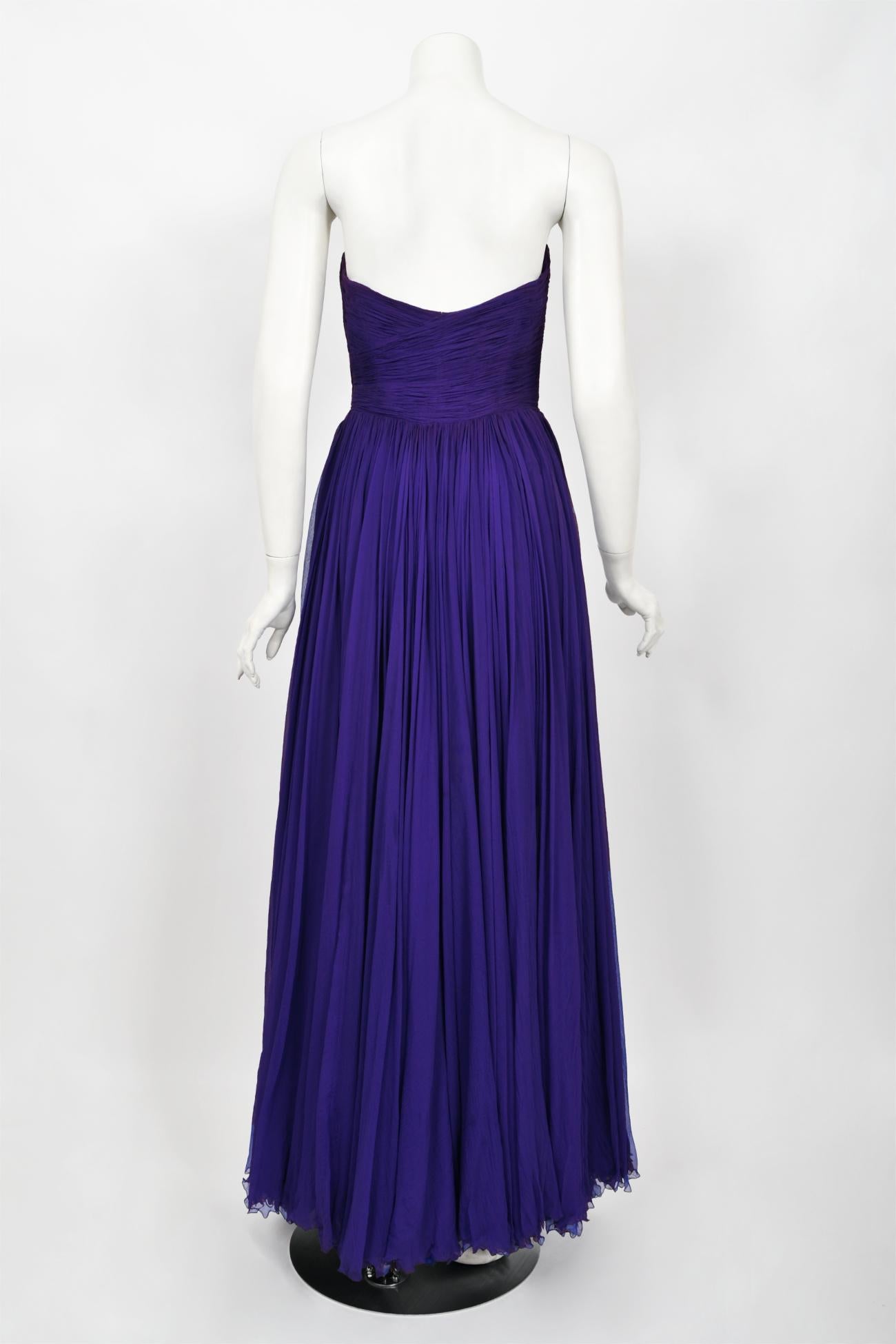 Vintage 1950s Curiel Couture Pleated Purple Silk Chiffon Strapless Goddess Gown  For Sale 11