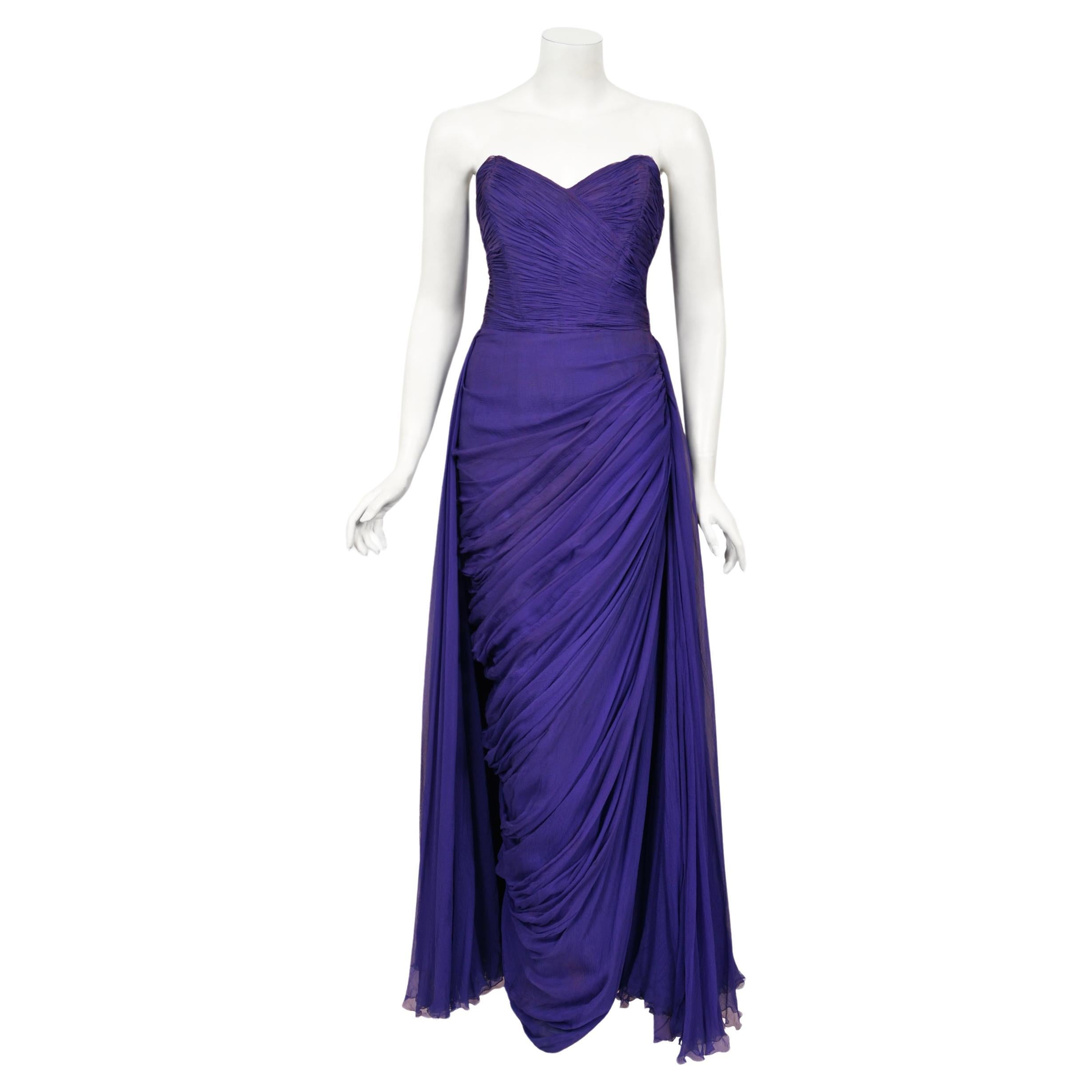 Vintage 1950s Curiel Couture Pleated Purple Silk Chiffon Strapless Goddess Gown  For Sale