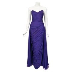 Vintage 1950s Curiel Couture Pleated Purple Silk Chiffon Strapless Goddess Gown 