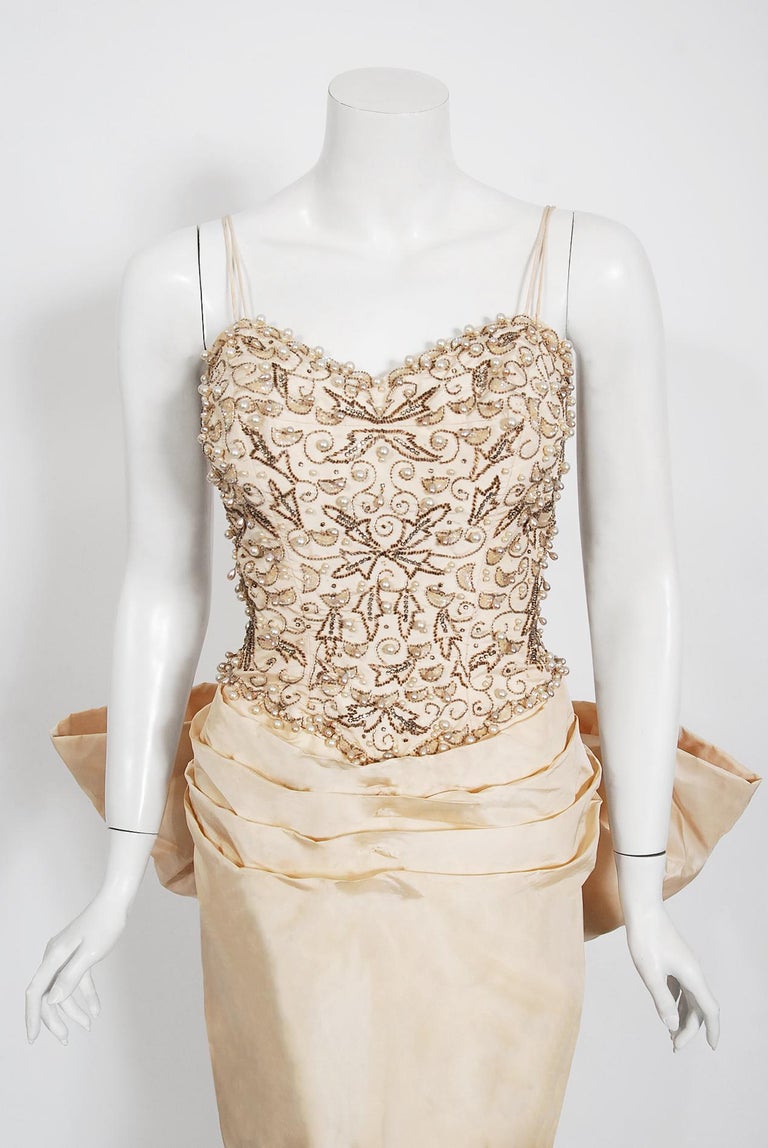 Vintage 1950s Ivory Beaded Satin Top and Skirt