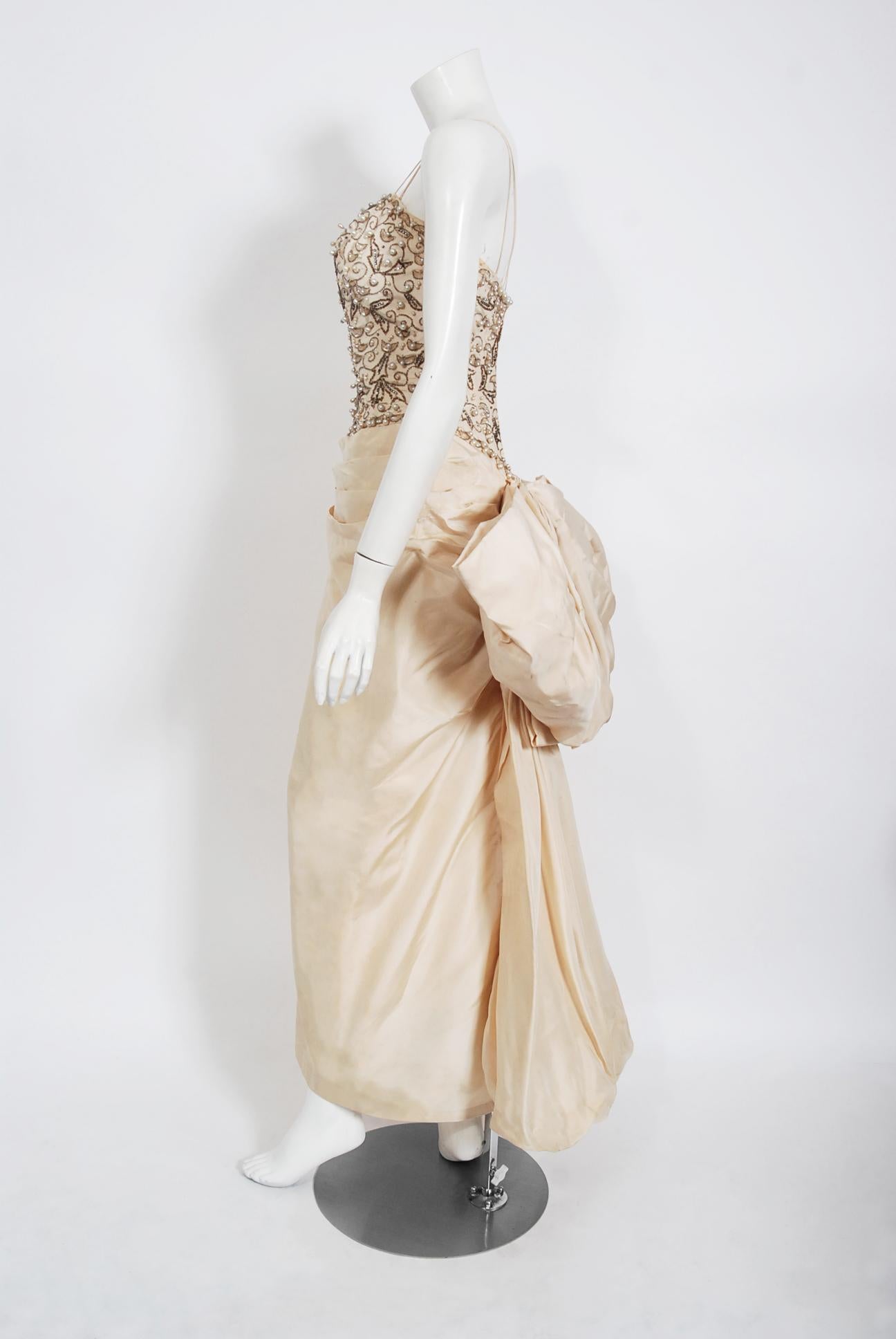 1950's Custom Couture Beaded Jeweled Ivory Silk Hourglass Back-Bow Bridal Gown For Sale 1