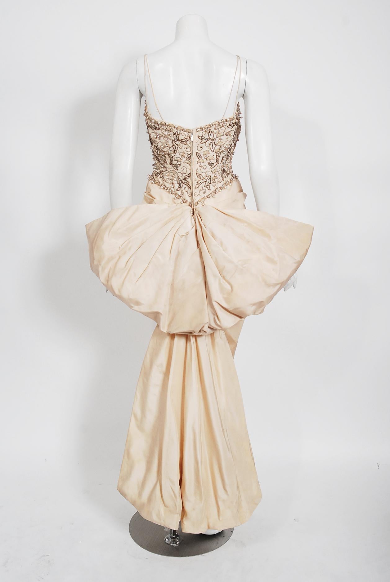 1950's Custom Couture Beaded Jeweled Ivory Silk Hourglass Back-Bow Bridal Gown For Sale 2