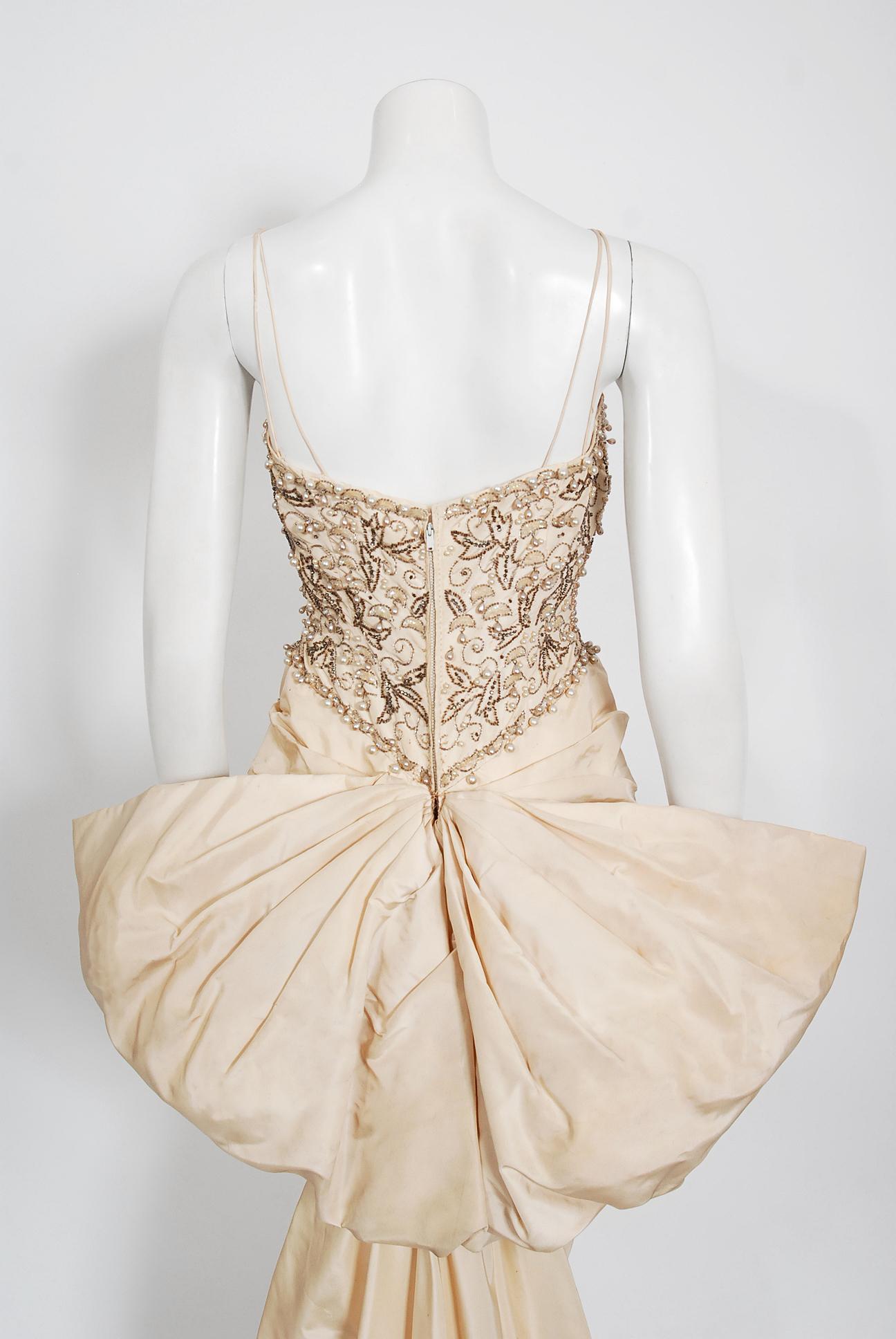 1950's Custom Couture Beaded Jeweled Ivory Silk Hourglass Back-Bow Bridal Gown For Sale 3