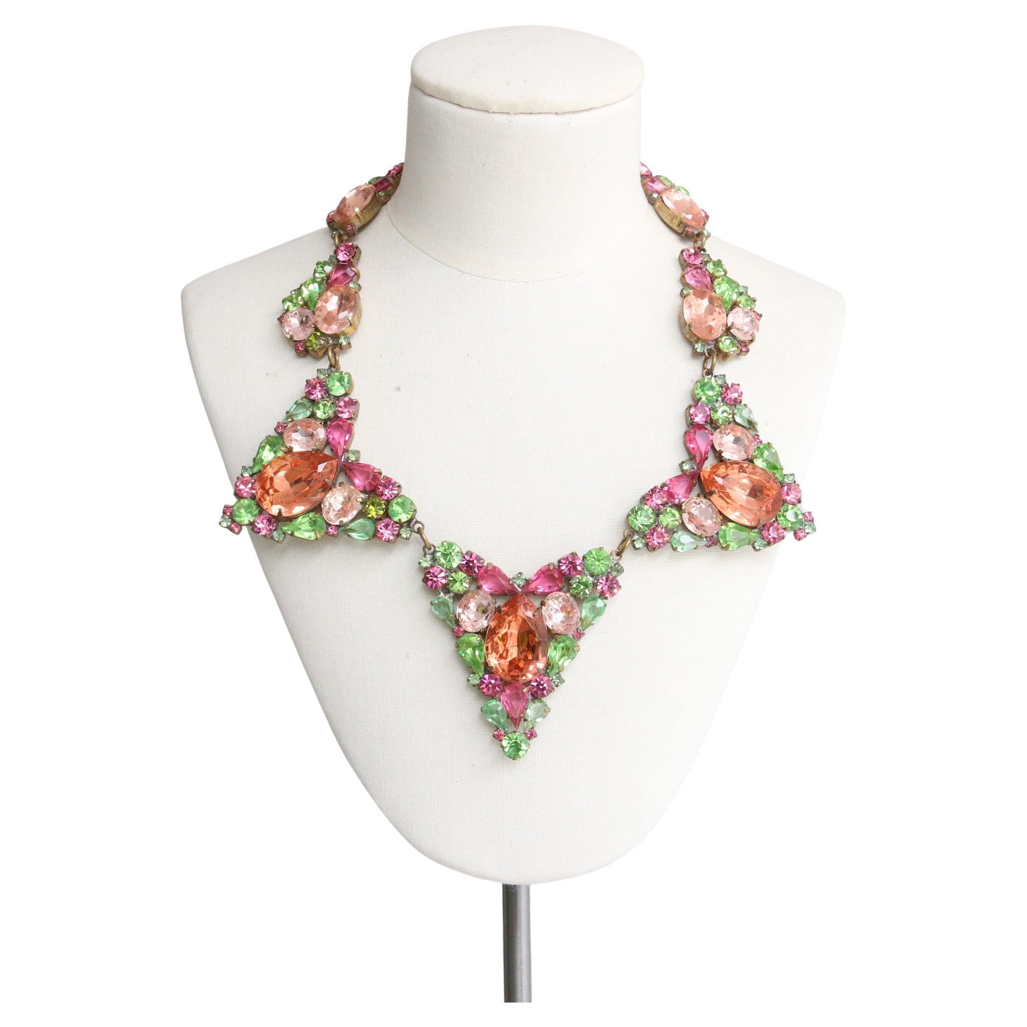 Vintage 1950
s Czech Rhinestone Necklace Statement Pastel Necklace