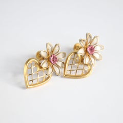 Vintage 1950's Daisy and heart droplet screw back earrings midcentury earrings