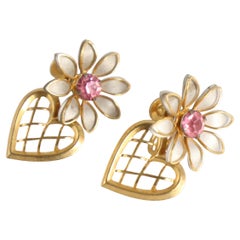 Vintage 1950's Daisy and heart droplet screw back earrings midcentury earrings