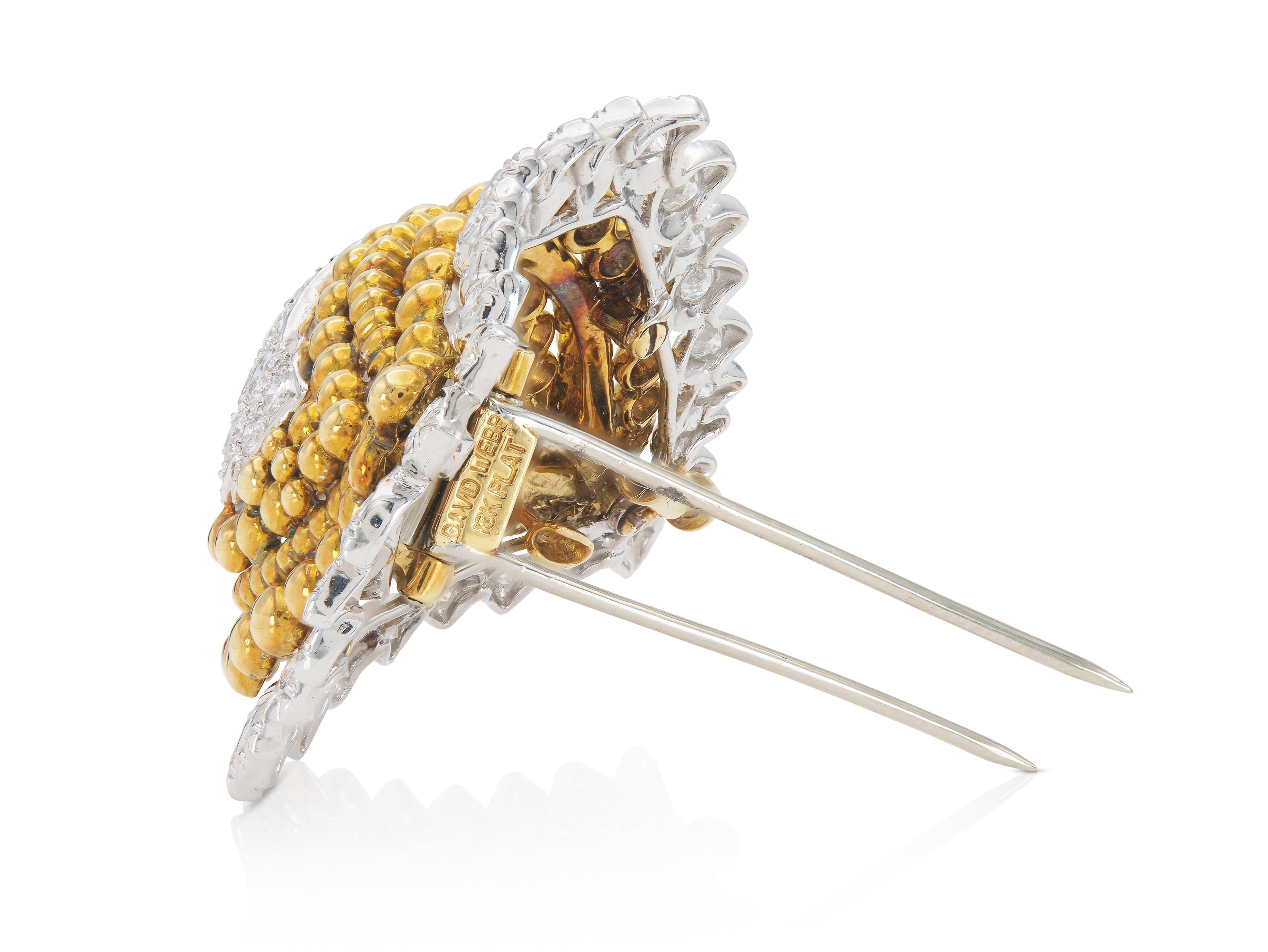 Round Cut Vintage 1950s David Webb Gold and 6.50 Carat Diamond Leaf Brooch For Sale