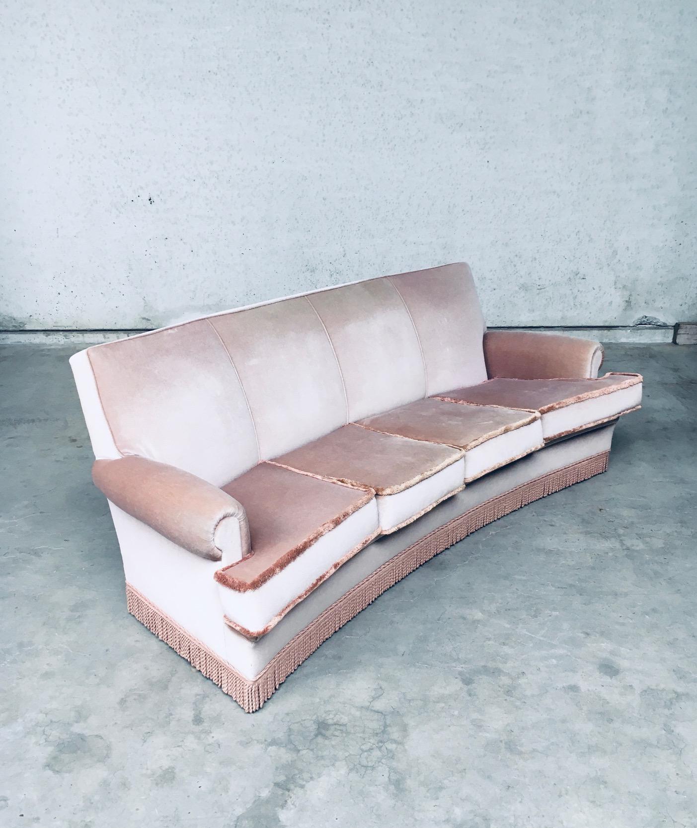 Belgian Vintage 1950's Design Pink Velvet Curved Sofa w Fringe
