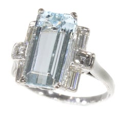 Retro 1950s Design White Gold Engagement Ring with a Aquamarine and Diamonds