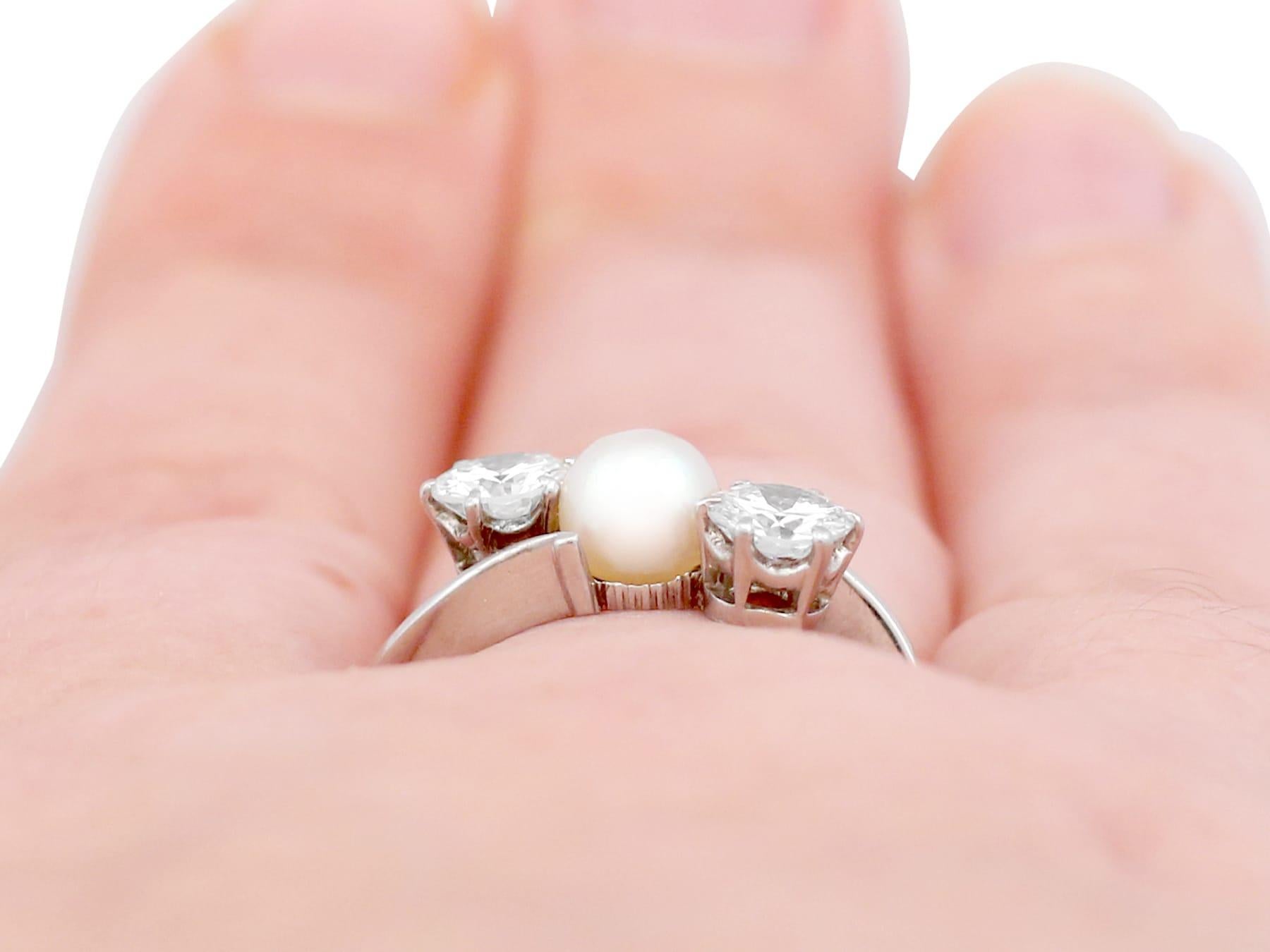 Vintage 1950s Diamond and Pearl Platinum Engagement Ring For Sale 1