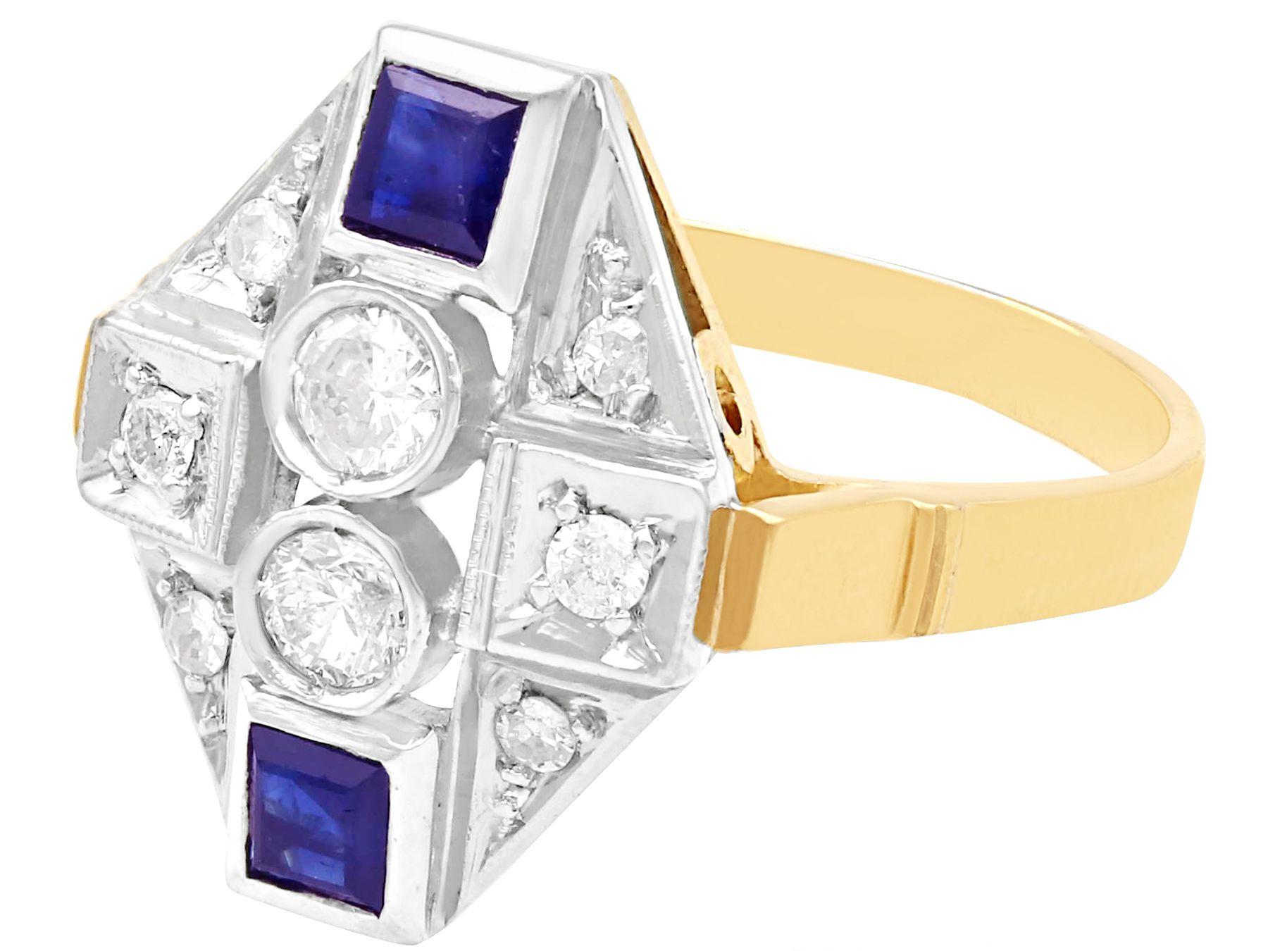 Art Deco Vintage 1950s Diamond and Sapphire Yellow Gold Cocktail Ring For Sale