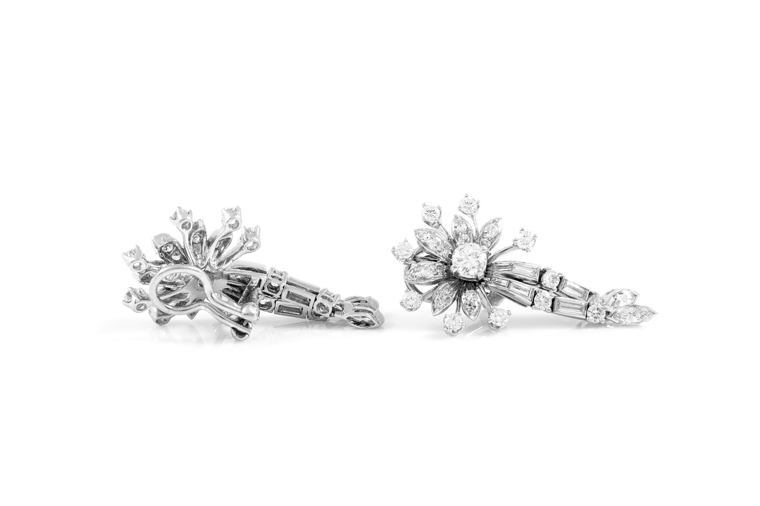 Round Cut Vintage 1950s Diamond Flowers Earrings For Sale