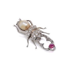 Vintage 1950s 18kt white gold Diamond, Ruby and Pearl Beetle Brooch