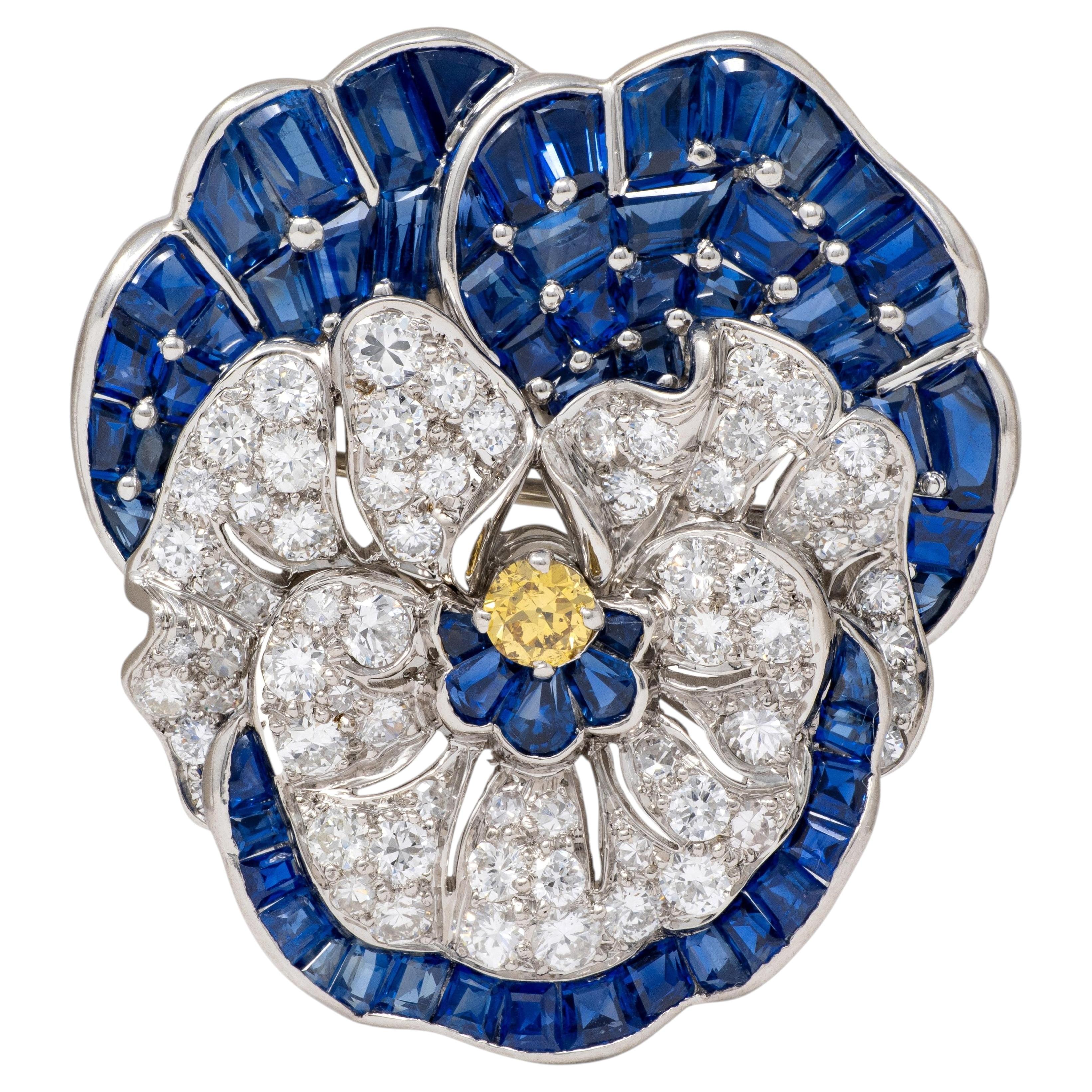 Vintage 1950's Diamond Sapphire Platinum Pansy Flower Brooch