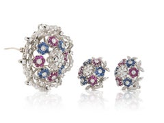 Vintage 1950s Diamond, Sapphire & Ruby Brooch and Earrings Set