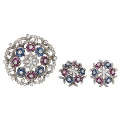Vintage 1950s Diamond, Sapphire & Ruby Brooch and Earrings Set