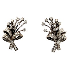 Vintage 1950s Diamond Spray Ribbon Earrings in 18K White Gold, 3 Carats