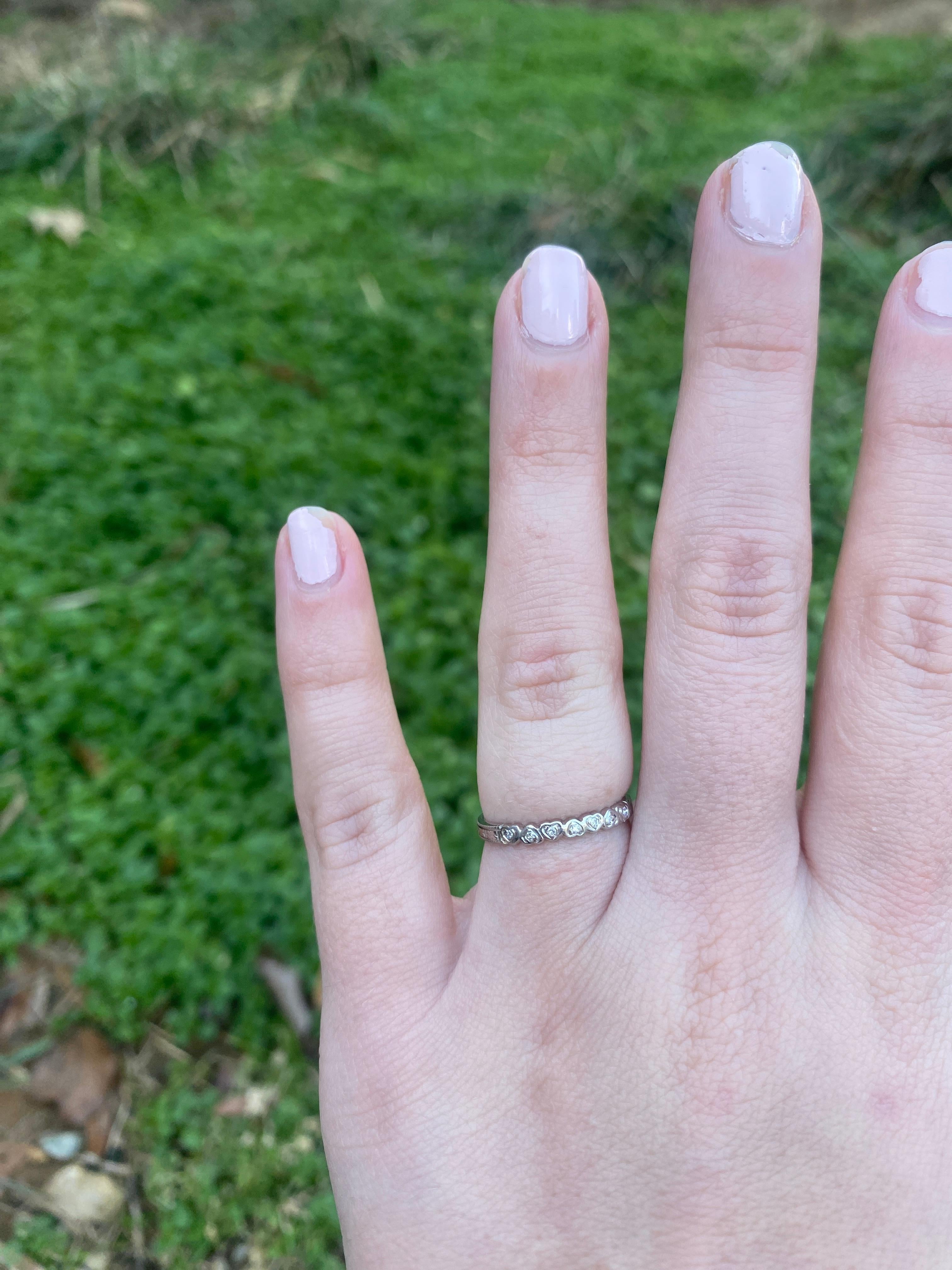 Vintage 1950s Diamond Tiny Heart Band Ring, 18k White Gold, Ring Size 6 2