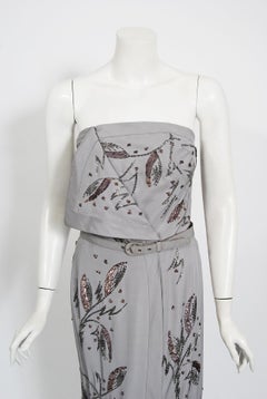 Vintage 1950's Doree Leventhal Couture Lilac Silk Beaded Strapless Belted Gown