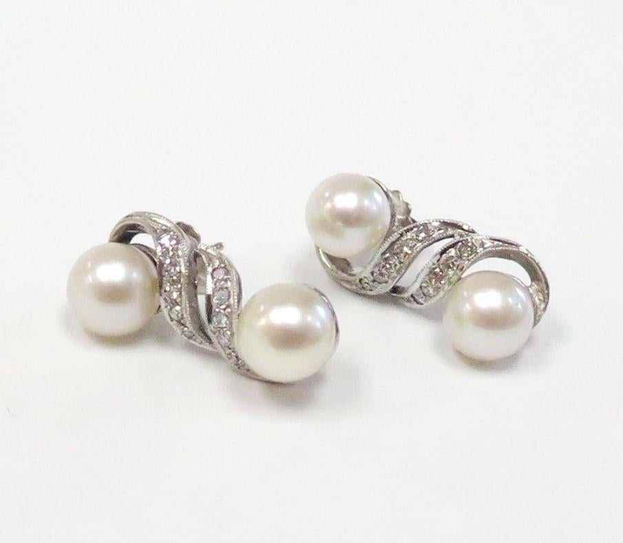Round Cut Vintage 1950s Double Pearl Cultured Earrings with Diamonds / 14 Karat White Gold
